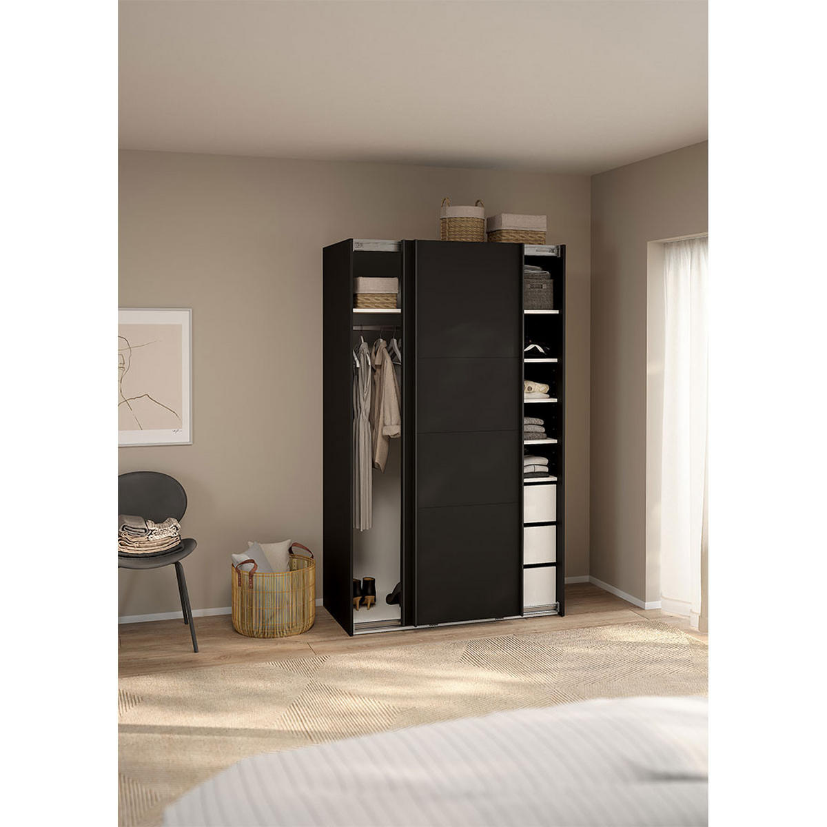 SCHIEBETÜRENSCHRANK, Catania, Schwarz, Holzwerkstoff, 119 x 67 x 201 cm - Schwarz, Holzwerkstoff (119/201/67cm) - ebuy24