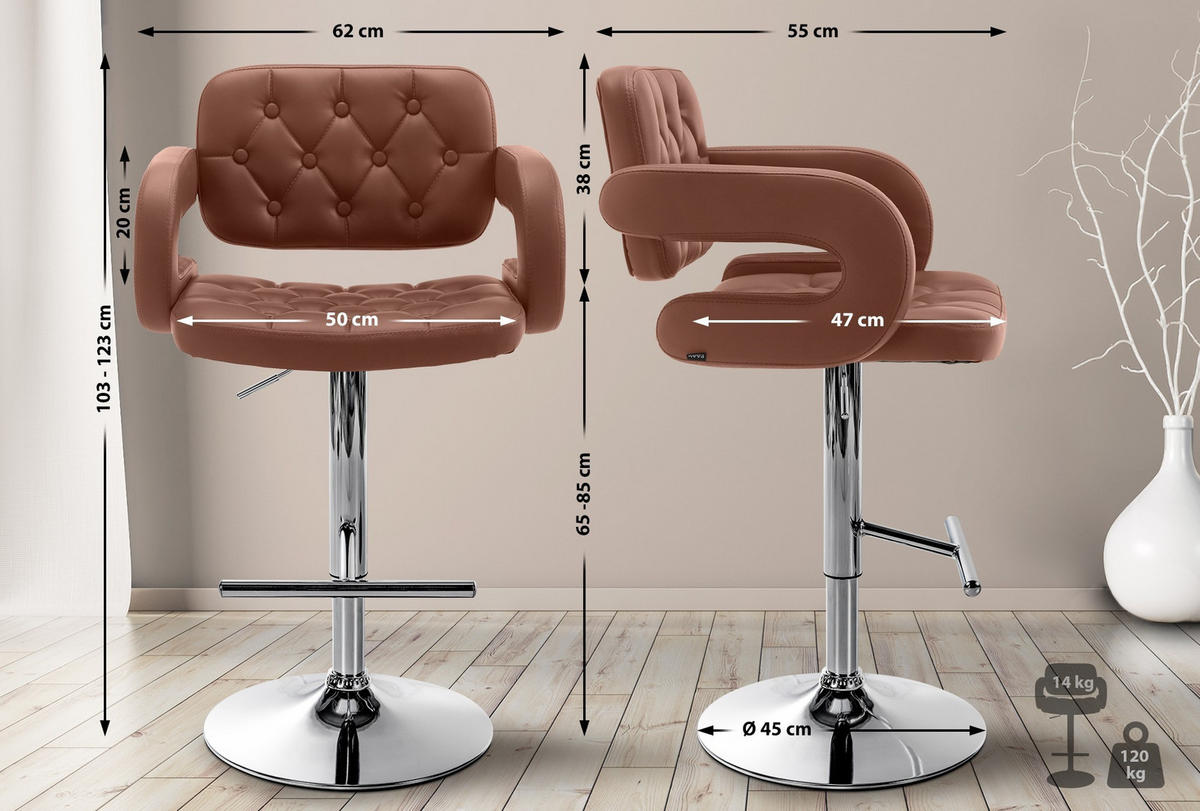 BARHOCKER Dublin Kunstleder 103-123x62x55 cm cognac - Cognac, Leder (62/103/55cm) - furnicato