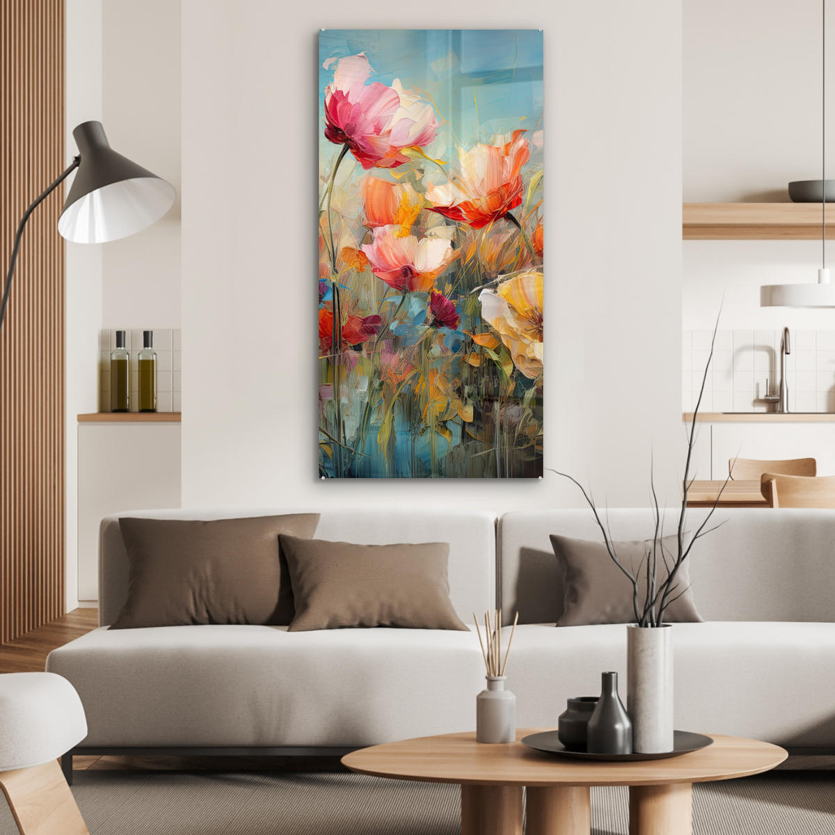 ACRYLGLASBILD Blumen - Aquarell - Kunst - Botanisch - Natur 60x120 cm - Orange, Glas (60/120cm) - MuchoWow