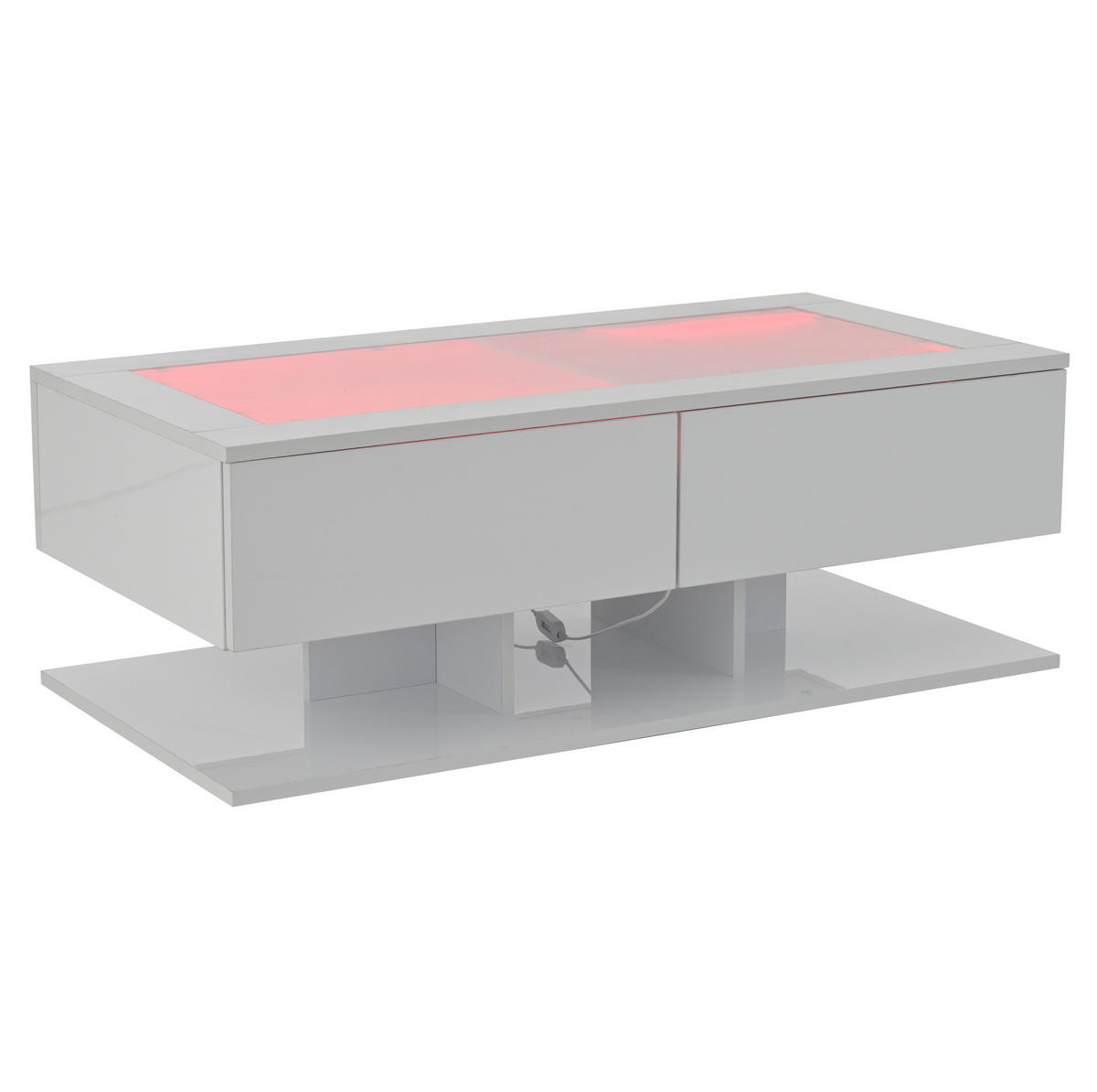 COUCHTISCH 100/50/35 cm Weiß aus Spanplatte und Glas mit LED-Licht und 2 Schubladen - Weiß, Holzwerkstoff (100/50/35cm) - OKMYHOME