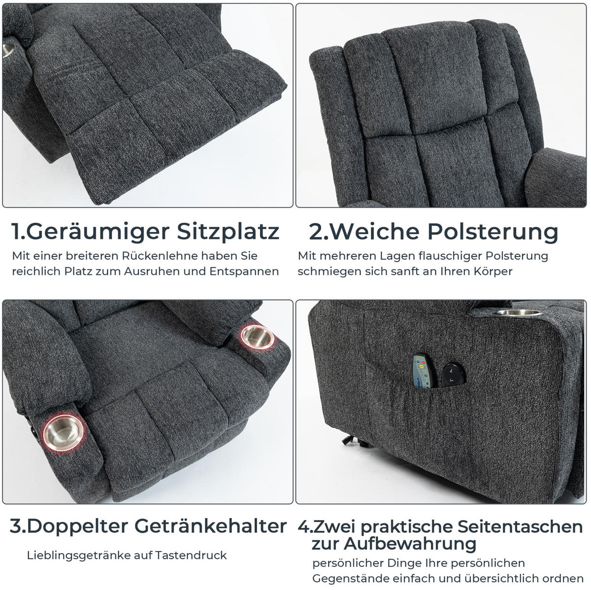 RELAXSESSEL elektrisch mit Aufstehhilfe und Fußteil in Dunkelgrau - Dunkelgrau, Textil (84/106/91cm) - BEAOK