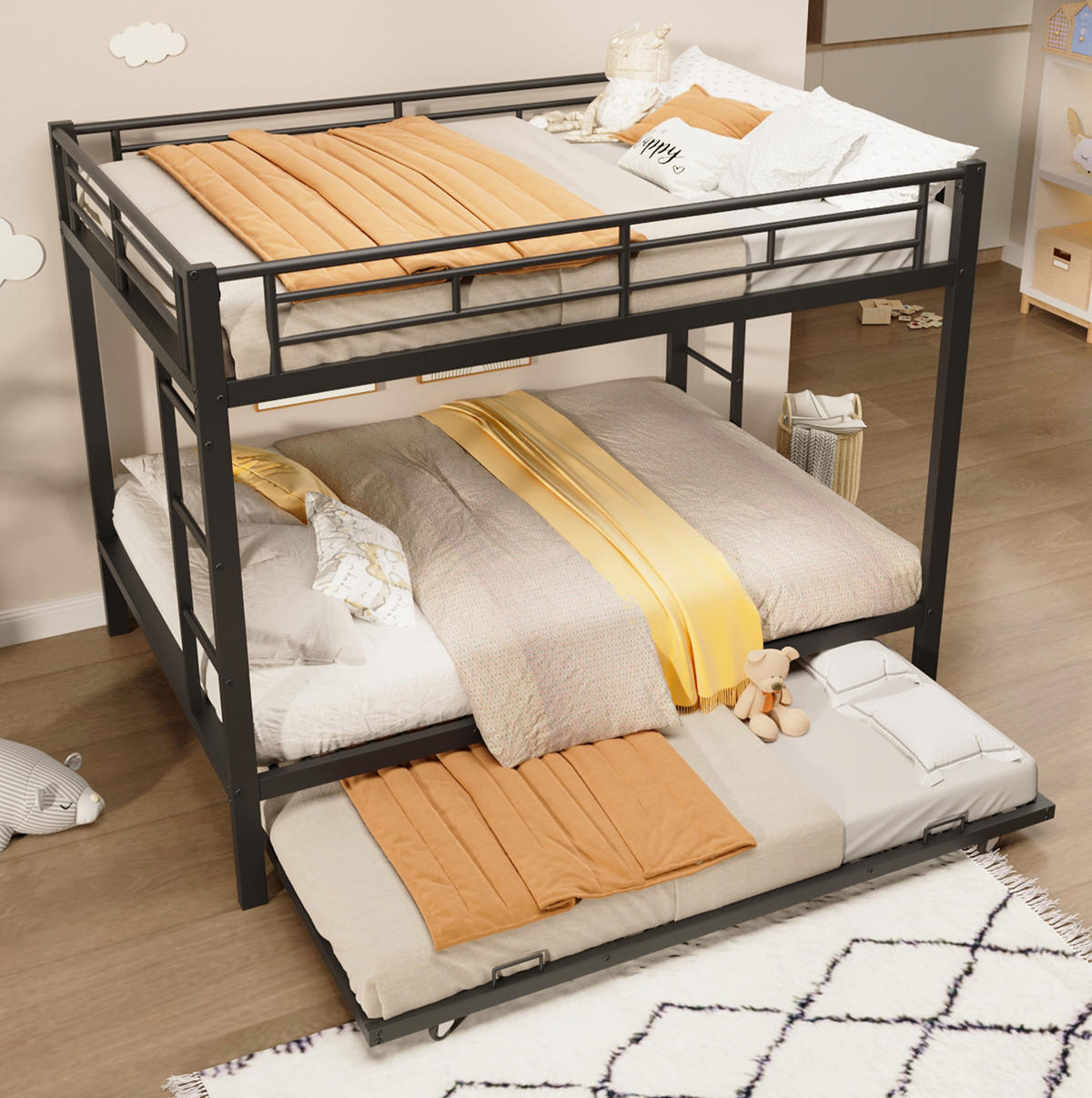 ETAGENBETT 140/200 cm aus Metall mit Ausziehbett und hohen Geländern in Schwarz - Schwarz, Metall (140/200cm) - Flora Grace