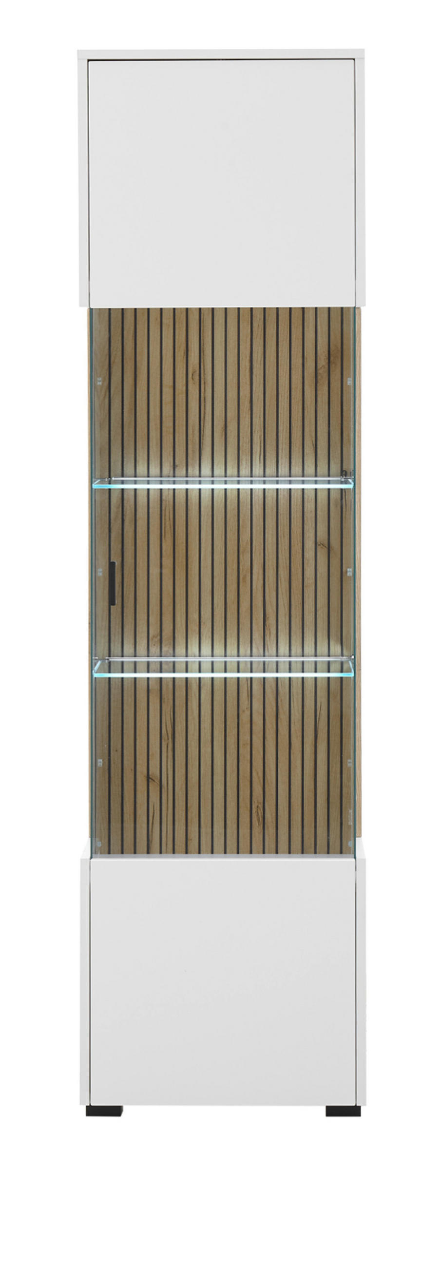 VITRINE weiß matt, Eiche 48 x 180 cm, Glasvitrine mit 5 Fächern und Soft-Close - Eichefarben/Schwarz, Glas/Holzwerkstoff (48/180/38cm) - Furn.Design