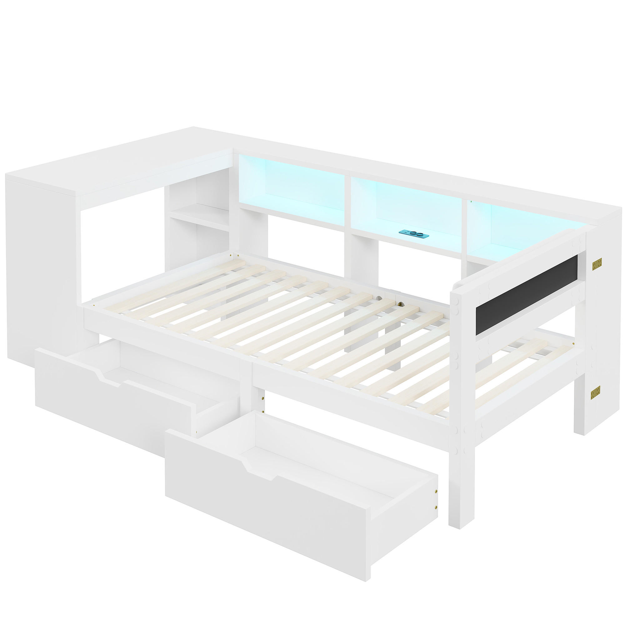STAURAUMBETT 90/200 cm DE-03365, mit Ablageflächen, Schubladen, gepolstertem Kopfteil und LED, in Weiß - Weiß, Holzwerkstoff (90/200cm) - ComfortXL