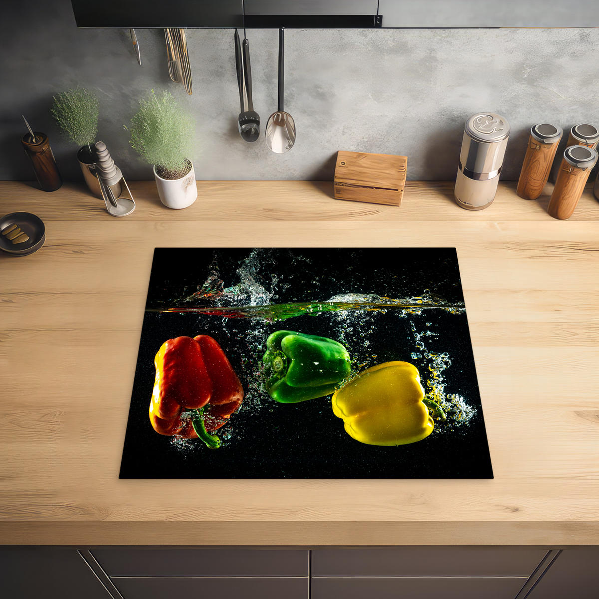 HERDABDECKPLATTE Paprika - Gemüse - Wasser - Schwarz - Rot - Grün - Gelb Herdabdeckung Induktionsfeld 60x52 cm - Multicolor, Kunststoff (60/52/0.2cm) - MuchoWow