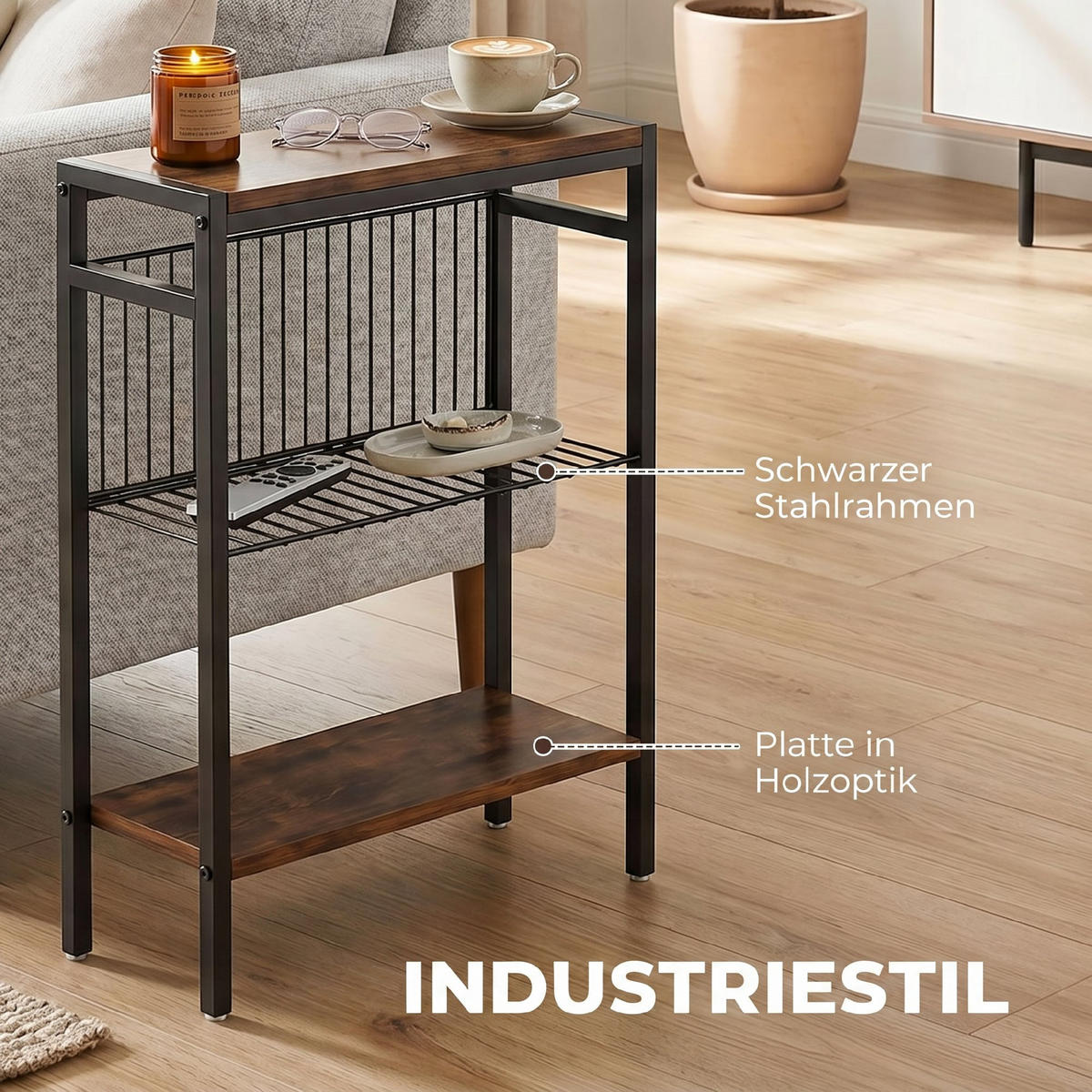 BEISTELLTISCH Spanplatte Metall Rustikales-Braun - Schwarz/Braun, Holzwerkstoff/Kunststoff (43/18/62.5cm) - HOMCOM