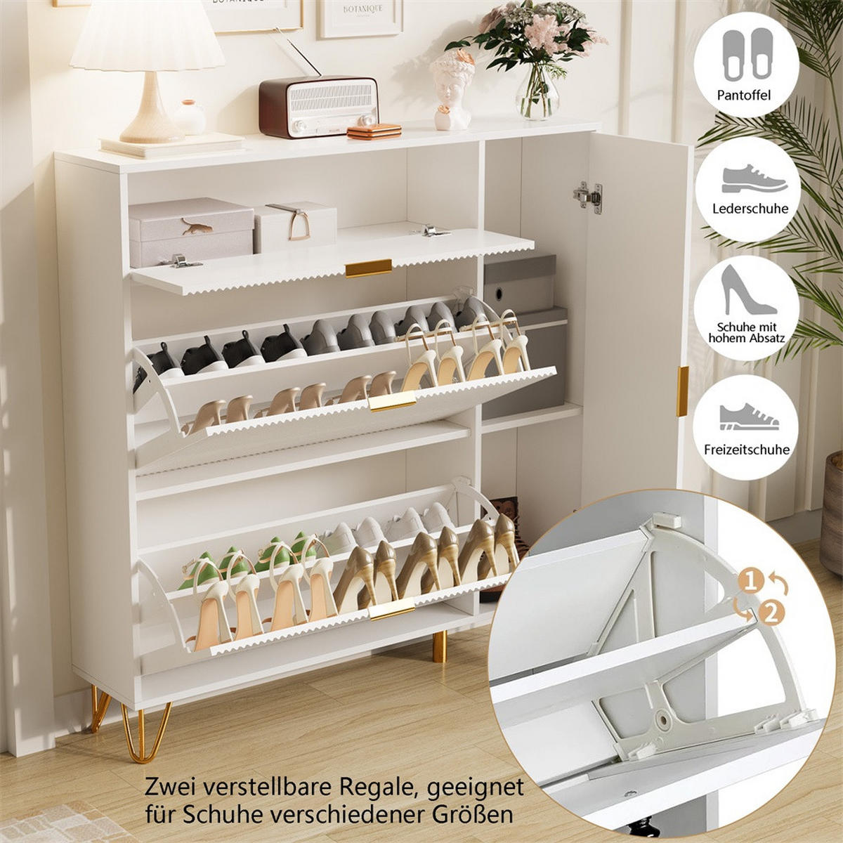 SCHUHSCHRANK im modernen Luxusdesign - Schuhkipper mit 2 Kippfächern und 1 Tür - Weiß und Gold - Weiß, Holzwerkstoff (24/118.5/110cm) - DELFA