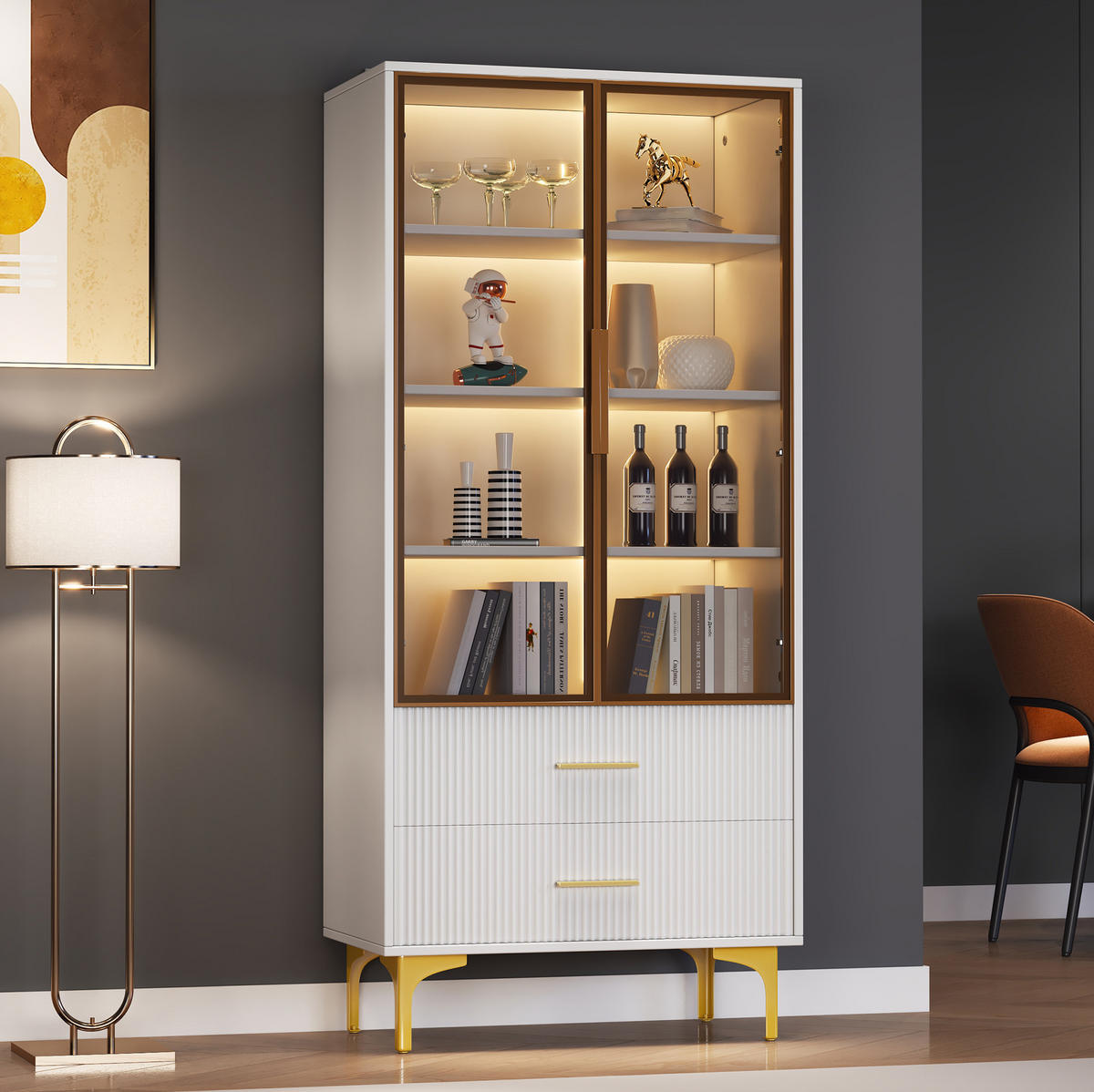 HIGHBOARD 70/35/150 cm in Weiß mit LED-Beleuchtung und 2 Schubladen - Weiß, Holzwerkstoff (70/150/35cm) - Flora Grace