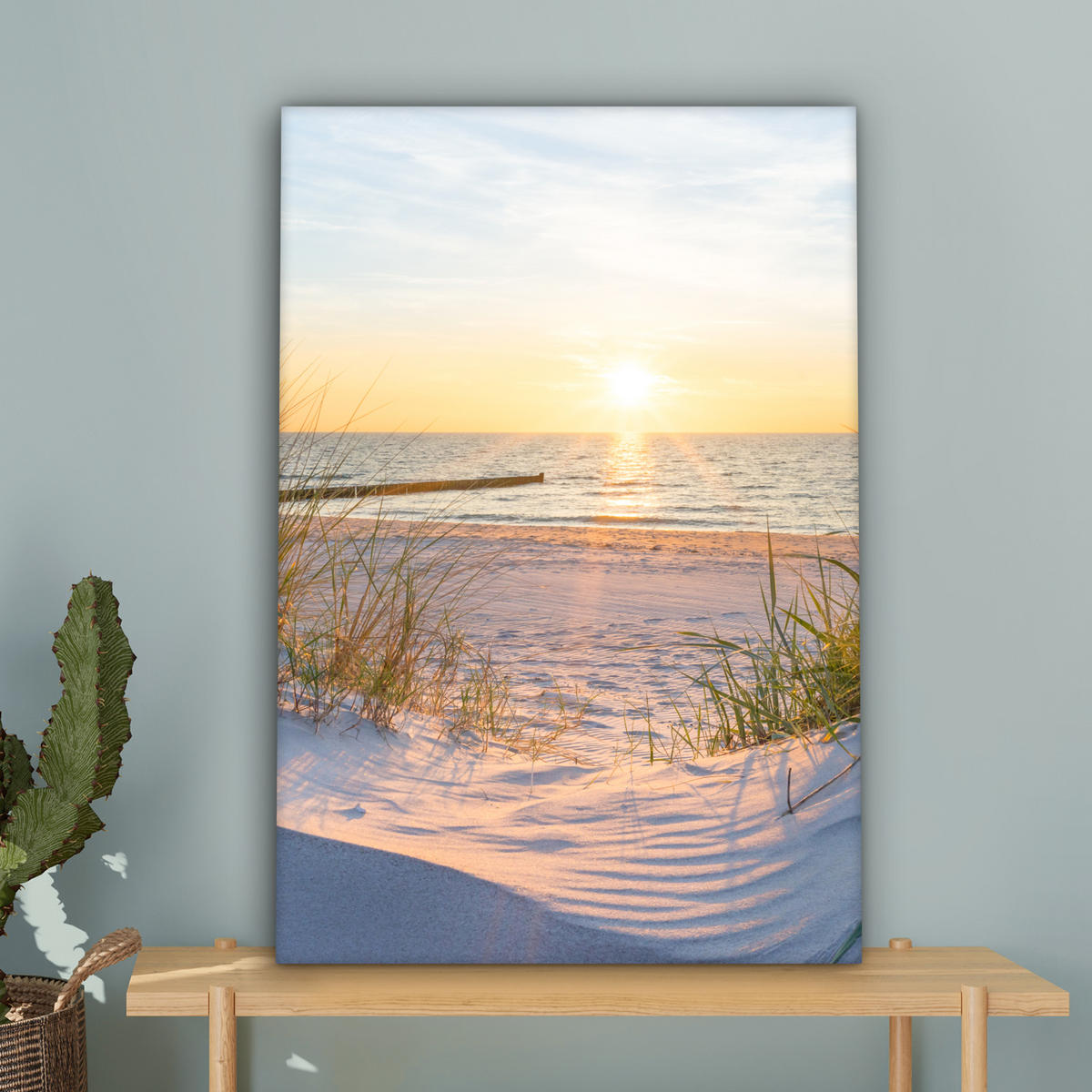 LEINWANDBILD Strand - Sonne - Düne - Gras - Sand - Horizont 60x90 cm - Hellblau, Textil (60/90cm) - MuchoWow