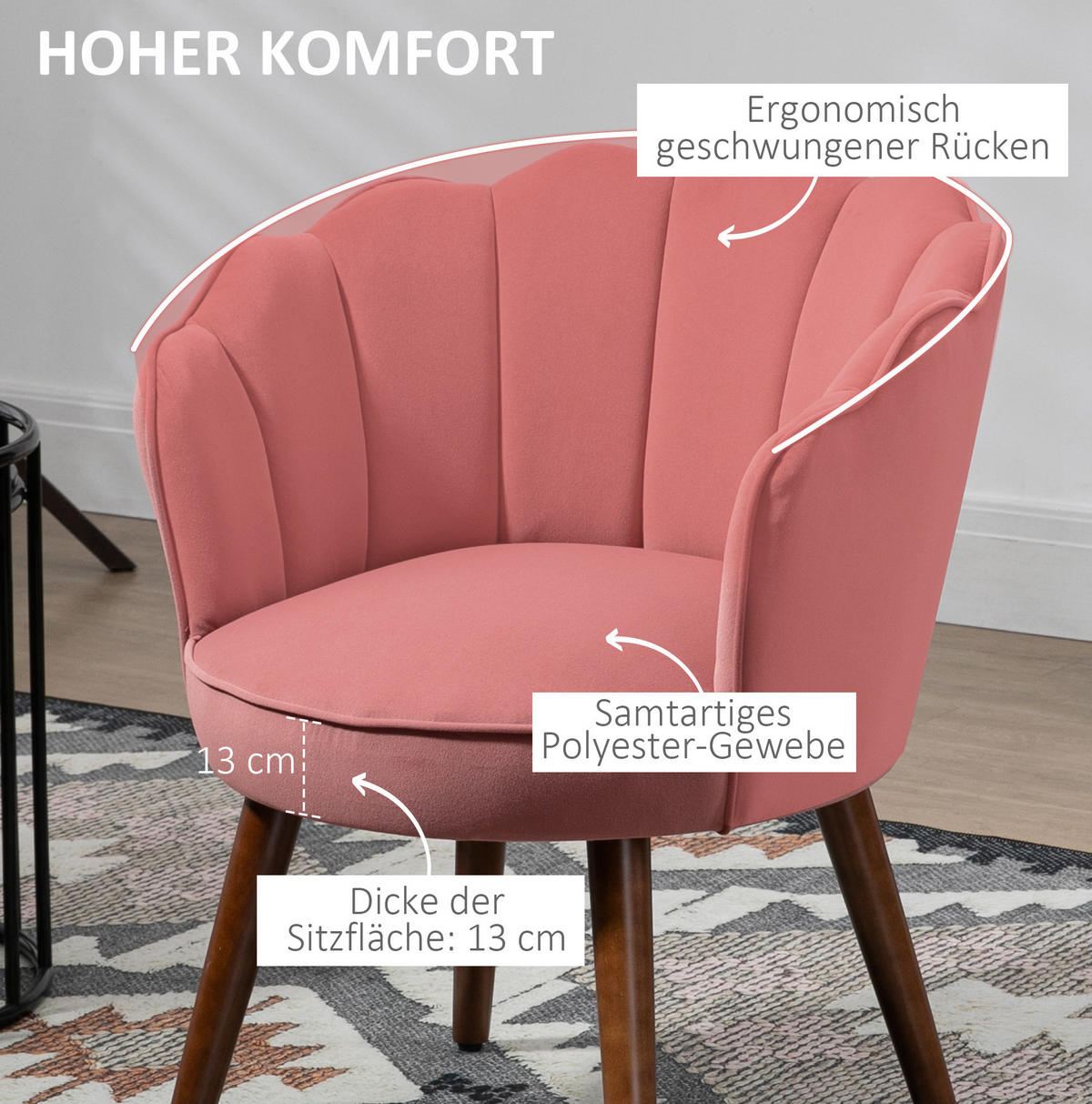 STUHL, gepolstert mit Samt-Touch, 66/66/78,5 cm, Pink - Pink, Kunststoff (66/78.5/66cm) - Redom