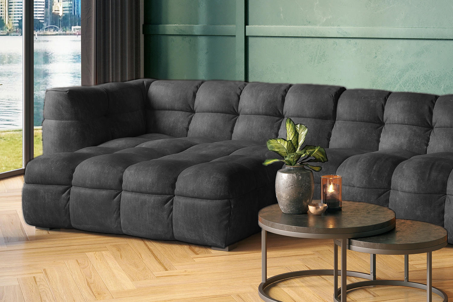 ECKSOFA RIO Anthrazit Velvet - Anthrazit/Schwarz, Textil (319/170cm) - KAWOLA