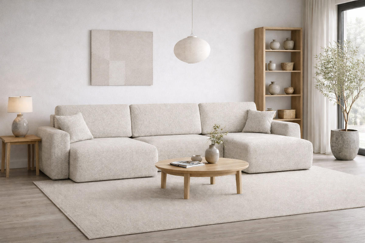 ECKSOFA Mit Schlaffunktion Und Bettkasten U-Form Ariel U, Chenille-Stoff Artico, Nata - Beige, Holz (342/142cm) - Kaiser Möbel