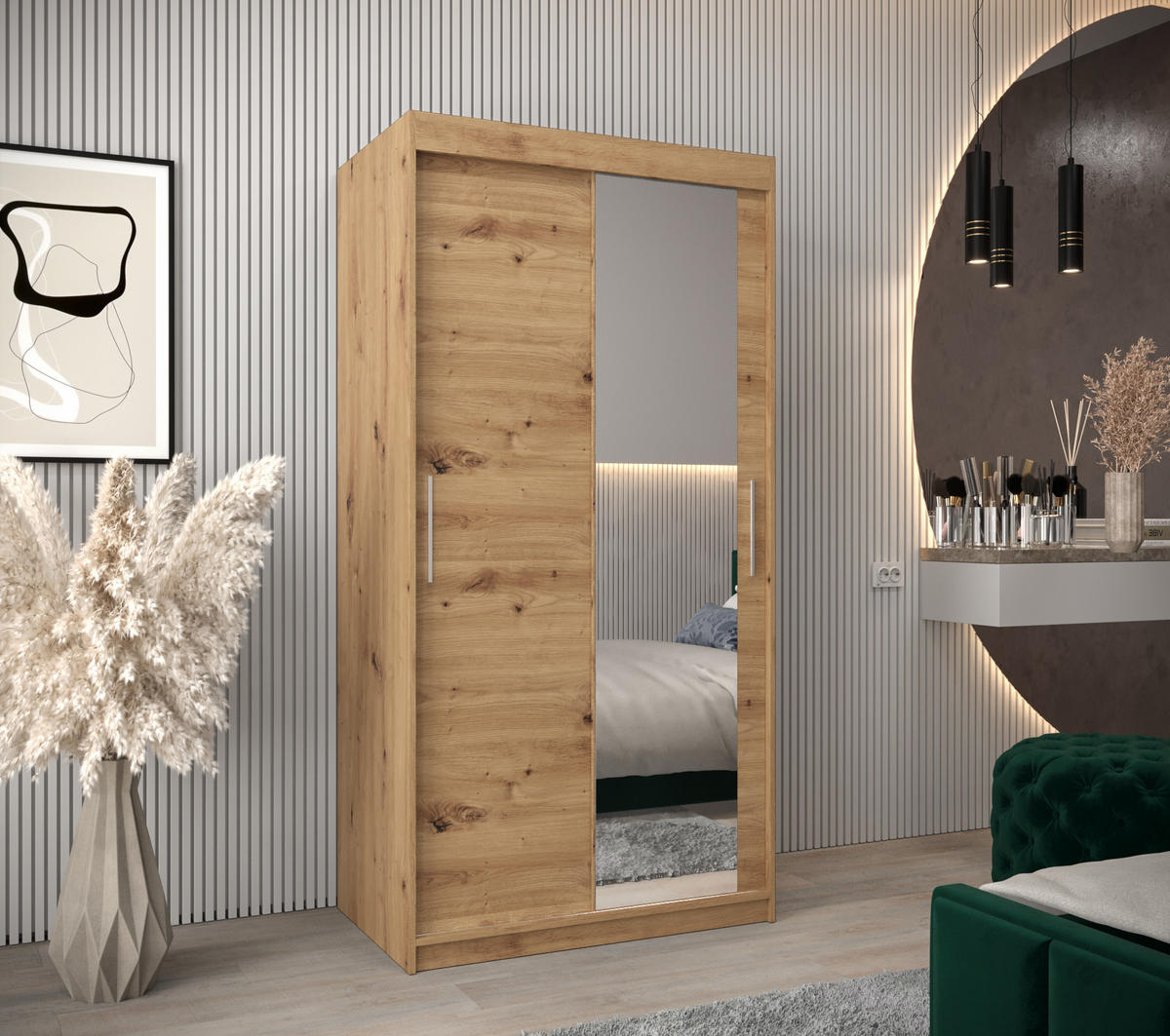 SCHWEBETÜRENSCHRANK 200/100/62 2-türig - Silberfarben/Eiche Artisan, Holz/Kunststoff (100/200/62cm) - MÖBEL KRYSPOL