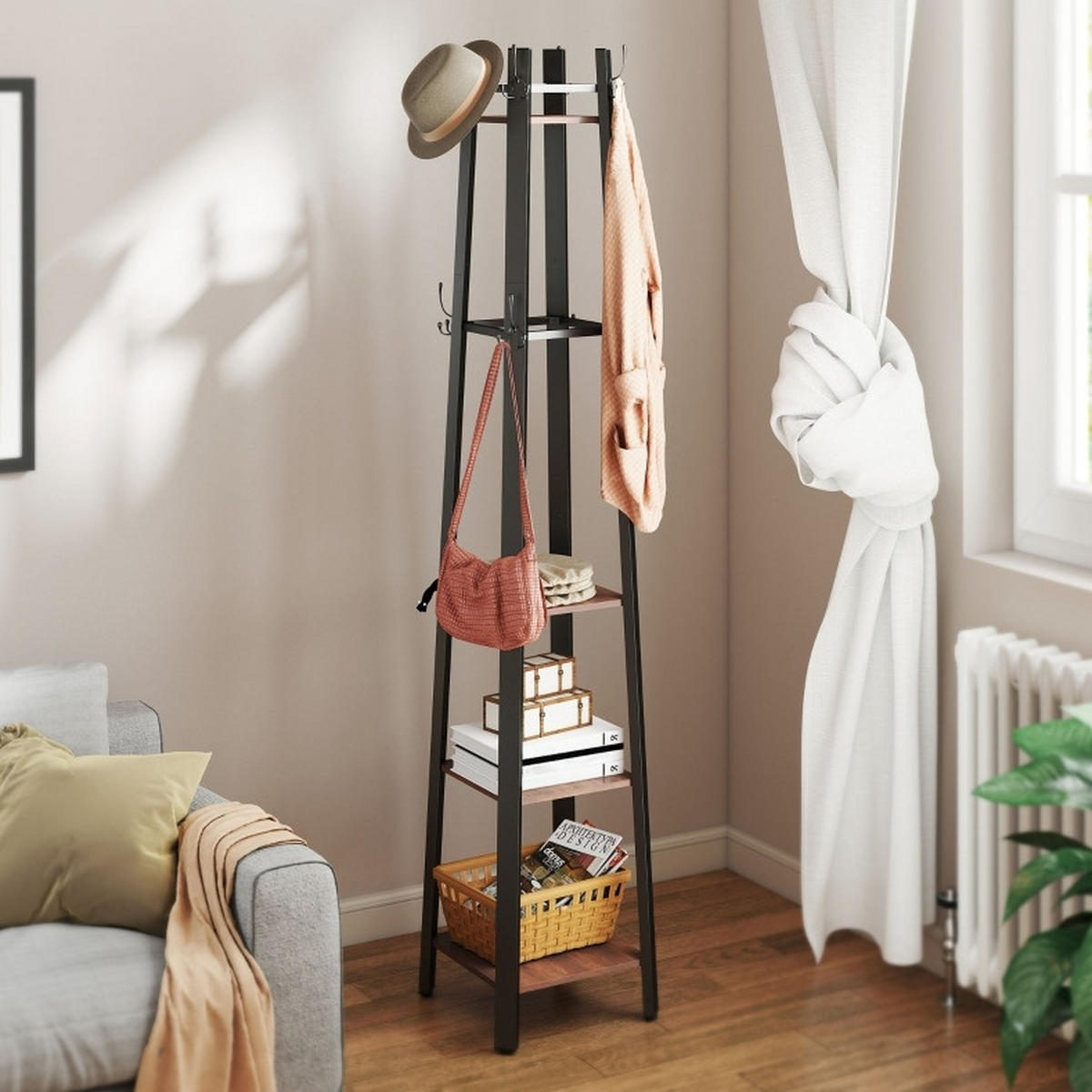KLEIDERSTÄNDER 34,8/179/34,8 cm Braun aus Holz und Metall mit 8 Haken und 4 Ablagen - Braun, Holz (34.8/179/34.8cm) - OKMYHOME