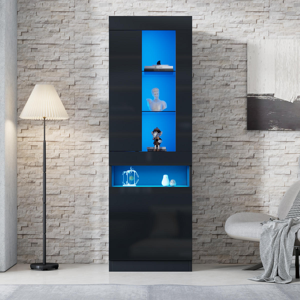 VITRINE LED Schwarz Stauraum Buffetschrank Wohnzimmerschrank modern - Schwarz, Holzwerkstoff (40/180/50cm) - FLIEKS
