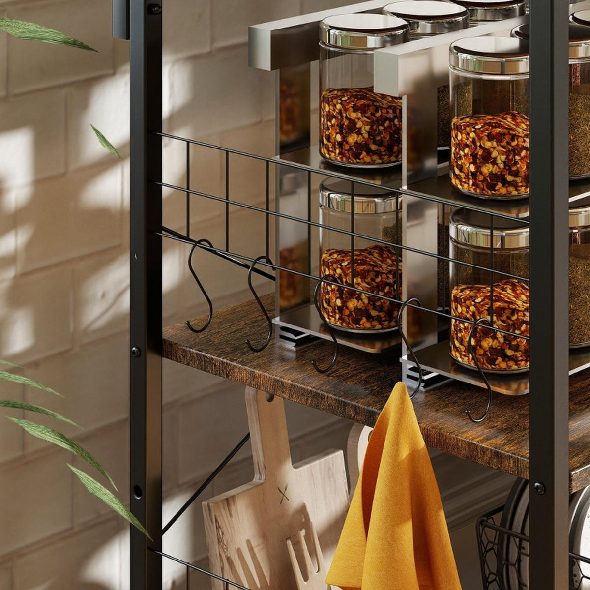 KÜCHENREGAL 90x42x130cm Braun mit verstellbarem Regal, Drahtkorb & Haken - Braun, Holz (90/130/42cm) - Modfu