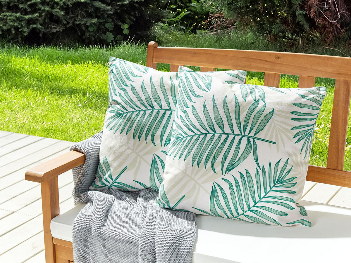 GARTENKISSEN 2er-Set Blattmuster Beige/Grün 45/45 cm Poggio - Beige, Textil (45/45cm) - Beliani