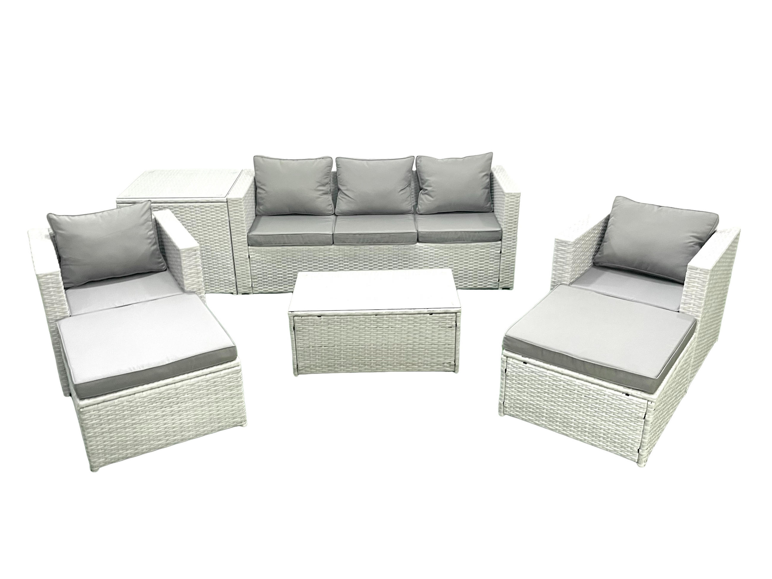 GARTENMÖBELSET mit 3-SITZER SOFA,COUCHTISCH Polyrattan Hellgrau-Mix 7-Sitzer - Hellgrau/Grau, Glas/Kunststoff - Fimous