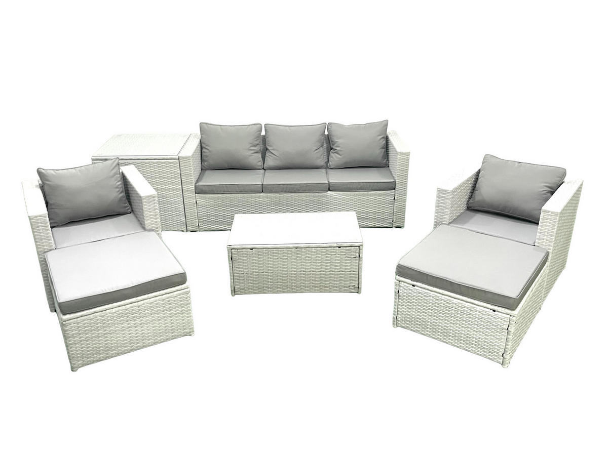 GARTENMÖBELSET mit 3-SITZER SOFA,COUCHTISCH Polyrattan Hellgrau-Mix 7-Sitzer - Hellgrau/Grau, Glas/Kunststoff - Fimous