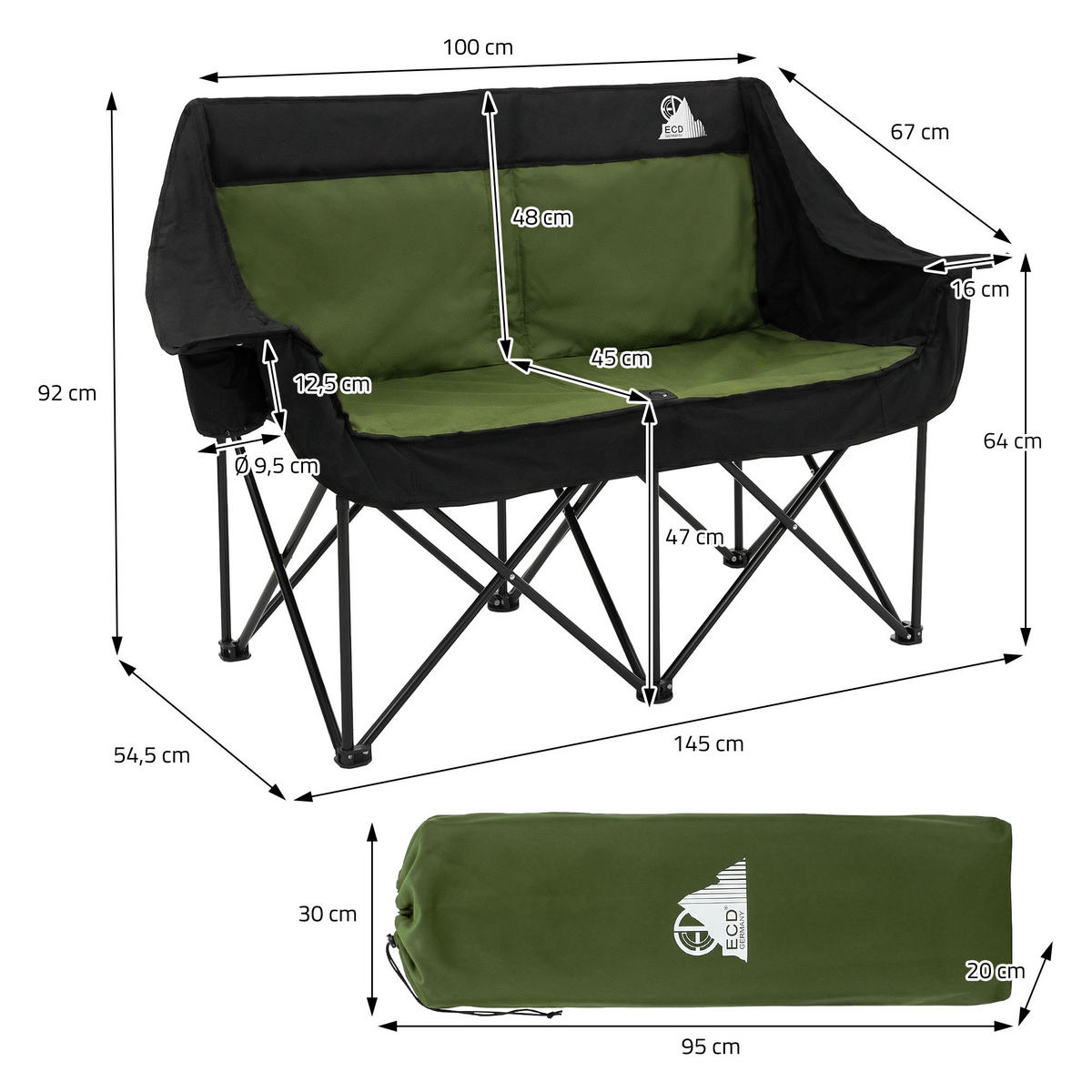 CAMPINGSTUHL 2-Sitzer Khaki faltbar mit Stahlgestell 54,5x145,92 cm - Grün, Textil (145/92/54.5cm) - ECD-Germany