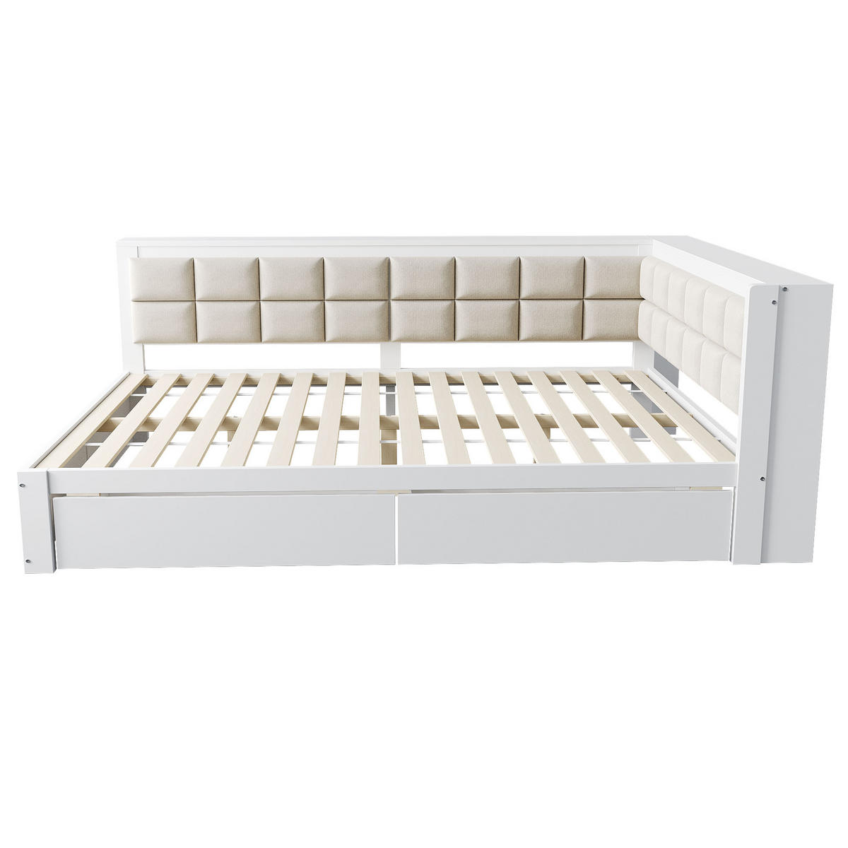 BETT 140/200 cm aus Kiefernholz mit weicher Rückenlehne und Stauraumschubladen in Weiß - Weiß, Holz (140/200cm) - OKWISH