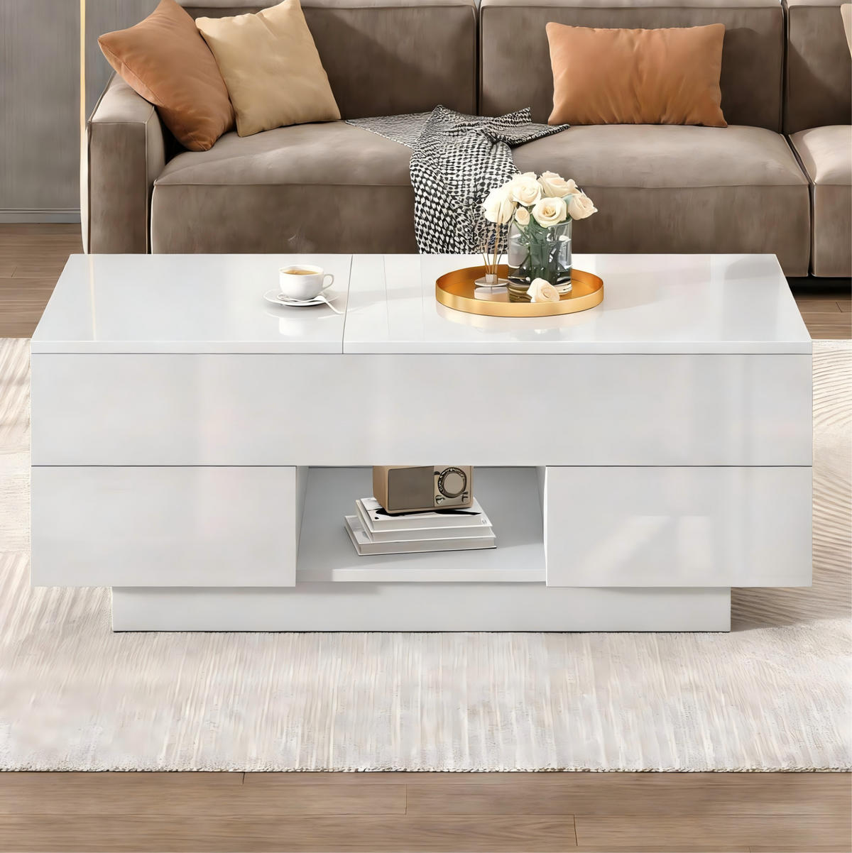 COUCHTISCH aus Spanplatte 100x45x43 cm in Weiß mit LED & höhenverstellbarer Tischplatte - Weiß, Holzwerkstoff (100/45/43cm) - Modfu