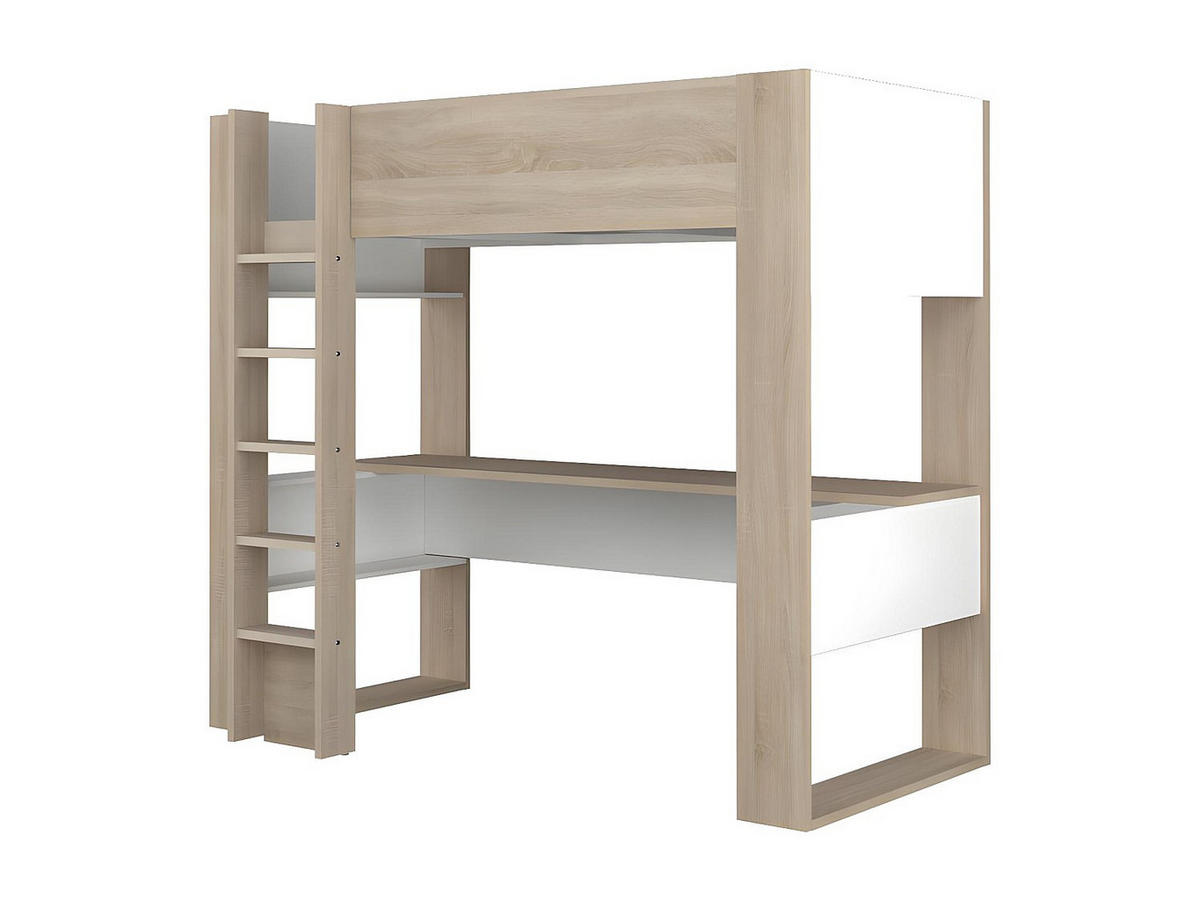 HOCHBETT mit Schreibtisch & Stauraum - 90 x 200 cm - Eichefarben & Weiß - NOAH II - Naturfarben, Holz (110/206cm) - Vente-Unique