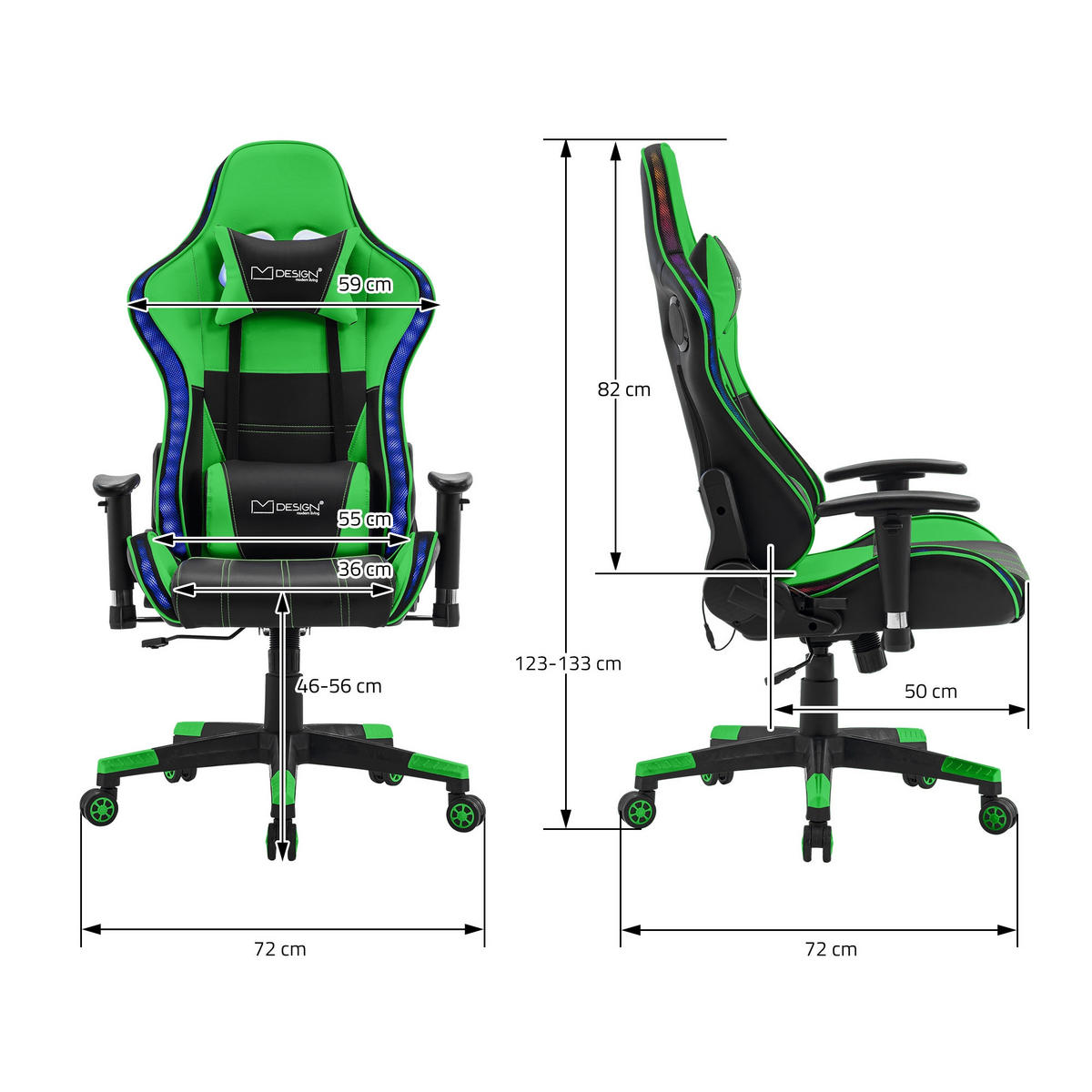 GAMING-STUHL Schwarz-Grün - Grün, Metall (68/132/66cm) - ML-DESIGN