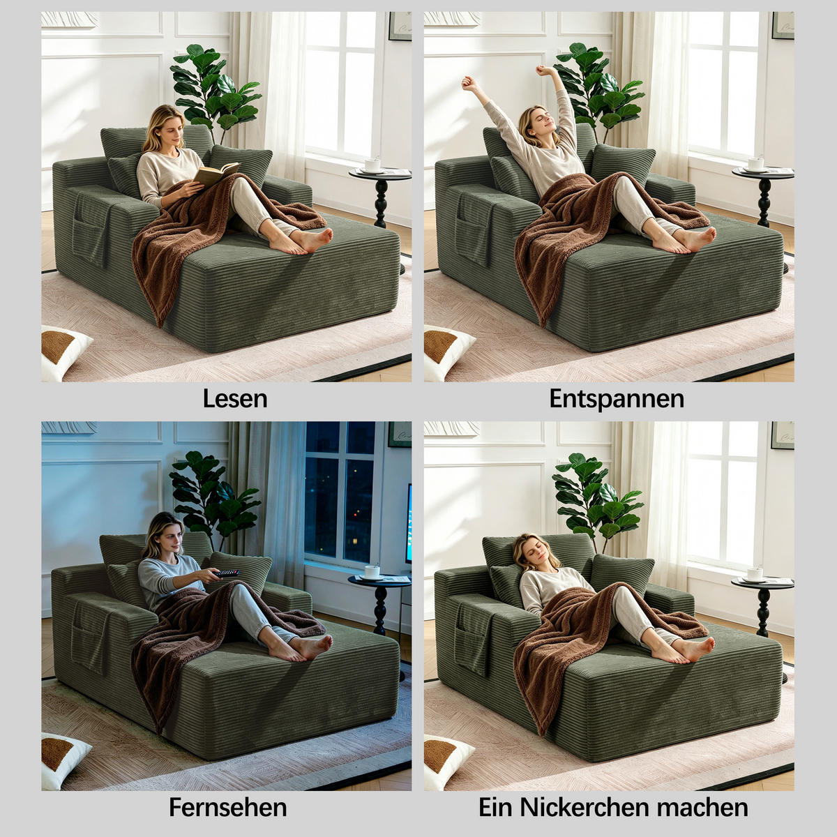 SCHLAFSOFA aus Cord mit Seitentaschen und weichen Sitz- und Rückenkissen - Grün, Textil (110/150/70cm) - EVRYAE