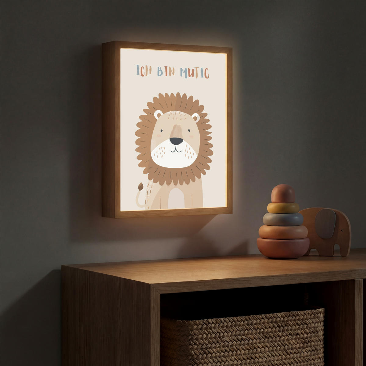 NACHTTISCHLAMPE MIT AKKU Löwe - Beige - Tier - Mutig - Zitat 30x40 cm - Beige, Holzwerkstoff (8/30/40cm) - OnlyWow