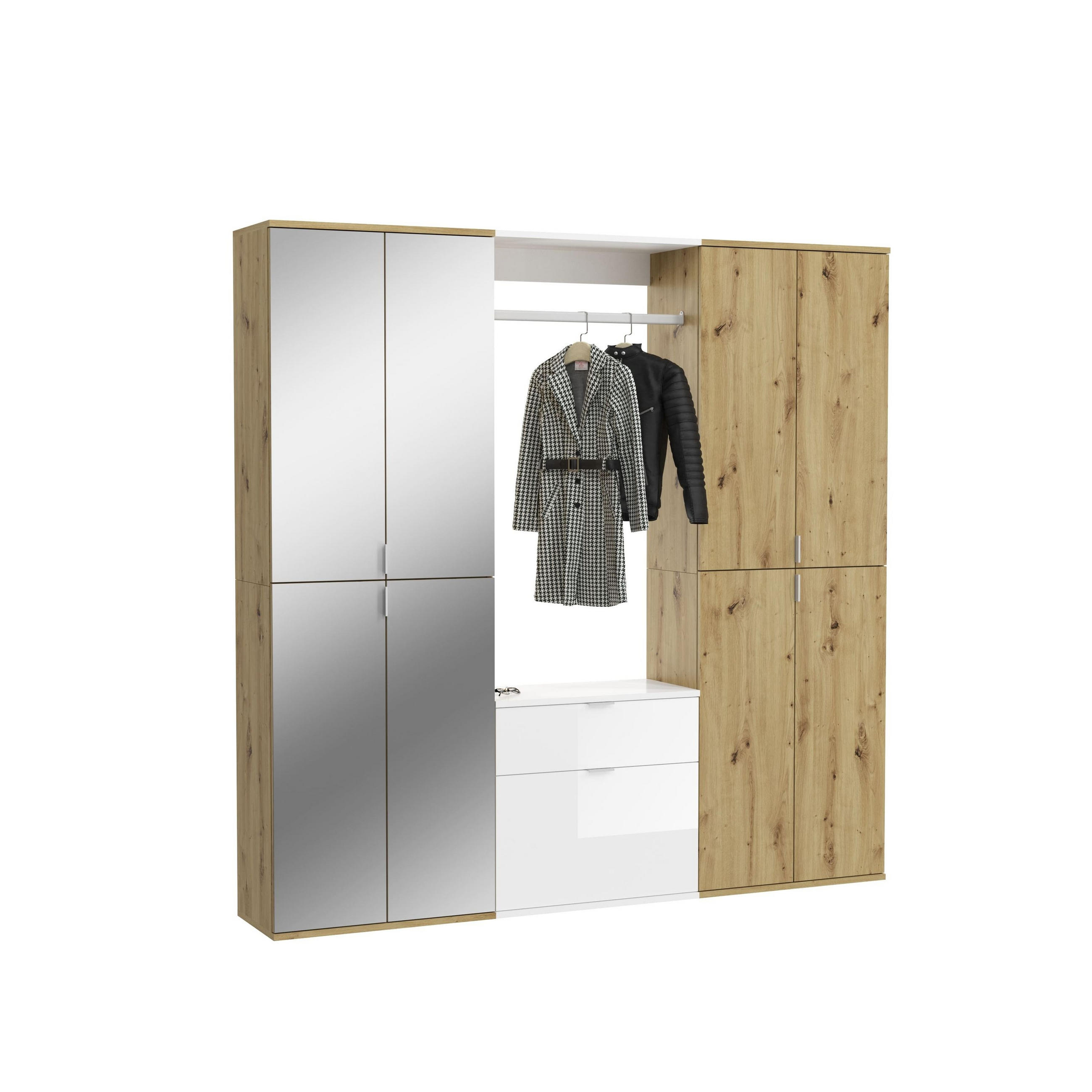 GARDEROBEN-SET PROJEKT X 3-tlg. (B/H/T: ca. 183/193/34 cm) in Artisan Eiche Nachbildung / Weiß/Artisan Eiche Nachbildung / Spiegelglas - Eiche Artisan, Holzwerkstoff (183/193/34cm)