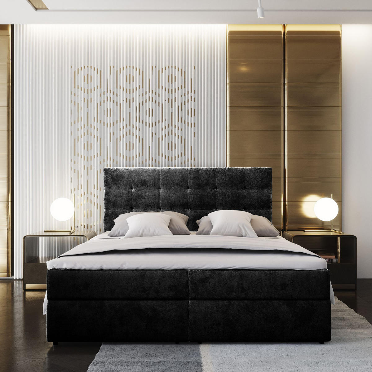 BOXBETT GLOS K 160x200 cm mit Matratze und Topper - Schwarz - Schwarz, Holz (160/200cm) - MASSENO