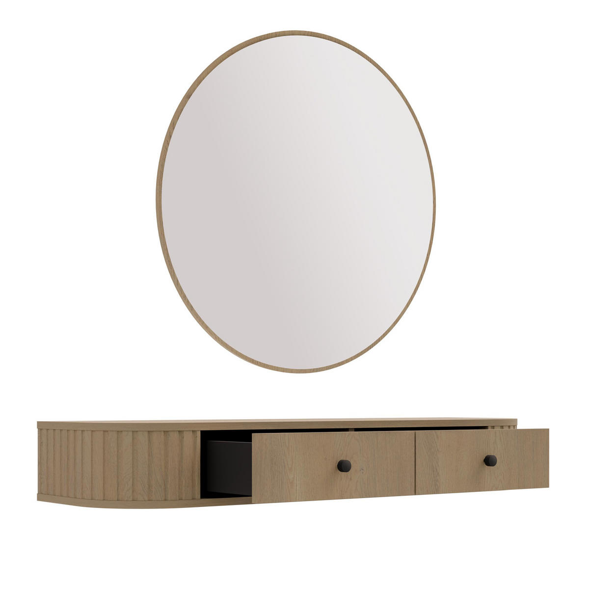 KONSOLENTISCH Halay Eiche Cremona 2 Schubladen mit runden Kanten + Rund Spiegel 100 cm - Eichefarben/Schwarz, Holzwerkstoff/Metall (35.9/123/17.5cm) - AX Living