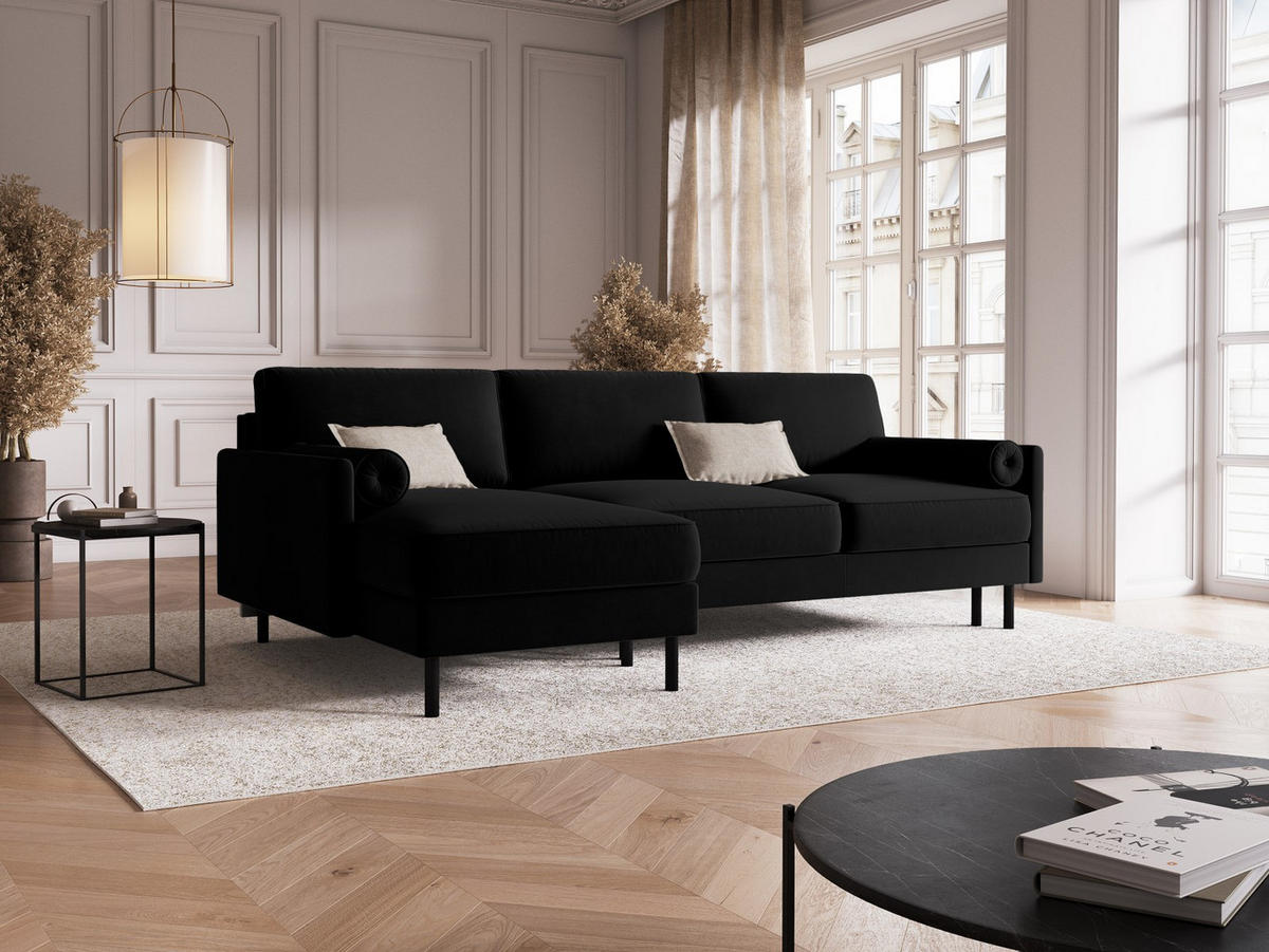AUSKLAPPBARES-ECKSOFA links mit Container Scott aus Samt schwarz 5 Sitzplätze - Schwarz, Textil (142/212cm) - Micadoni
