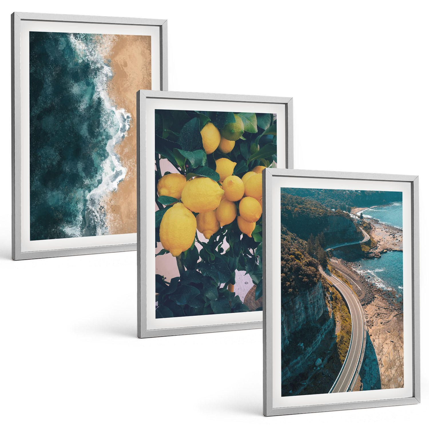 BILDER SET 3er Set - 40x60 cm Silberner Rahmen - Meerstrand Zitronen Berge - Silberfarben, Kunststoff (40/60cm) - TULUP