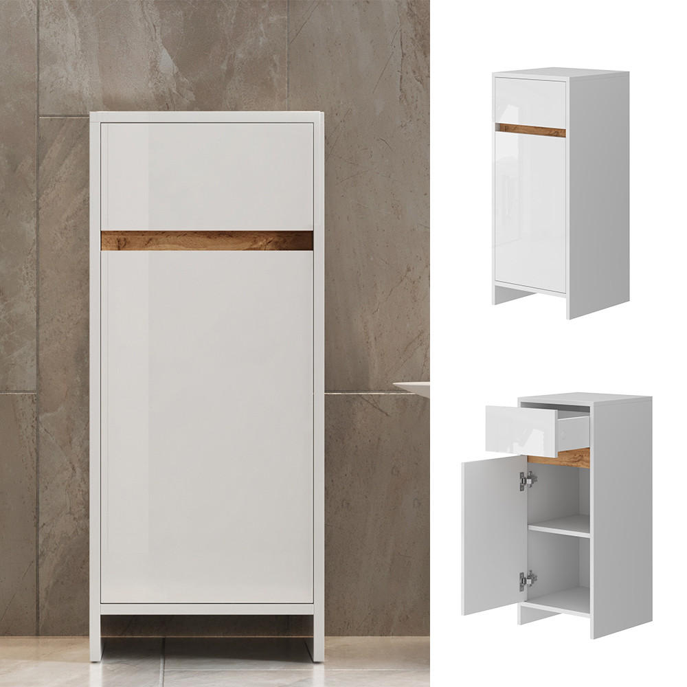MIDISCHRANK Detmold Weiß Hochglanz/Eiche 35x82 cm mit Tür und Schublade - Honigeiche/Weiß Hochglanz, Holzwerkstoff (35/82/35cm) - Vicco