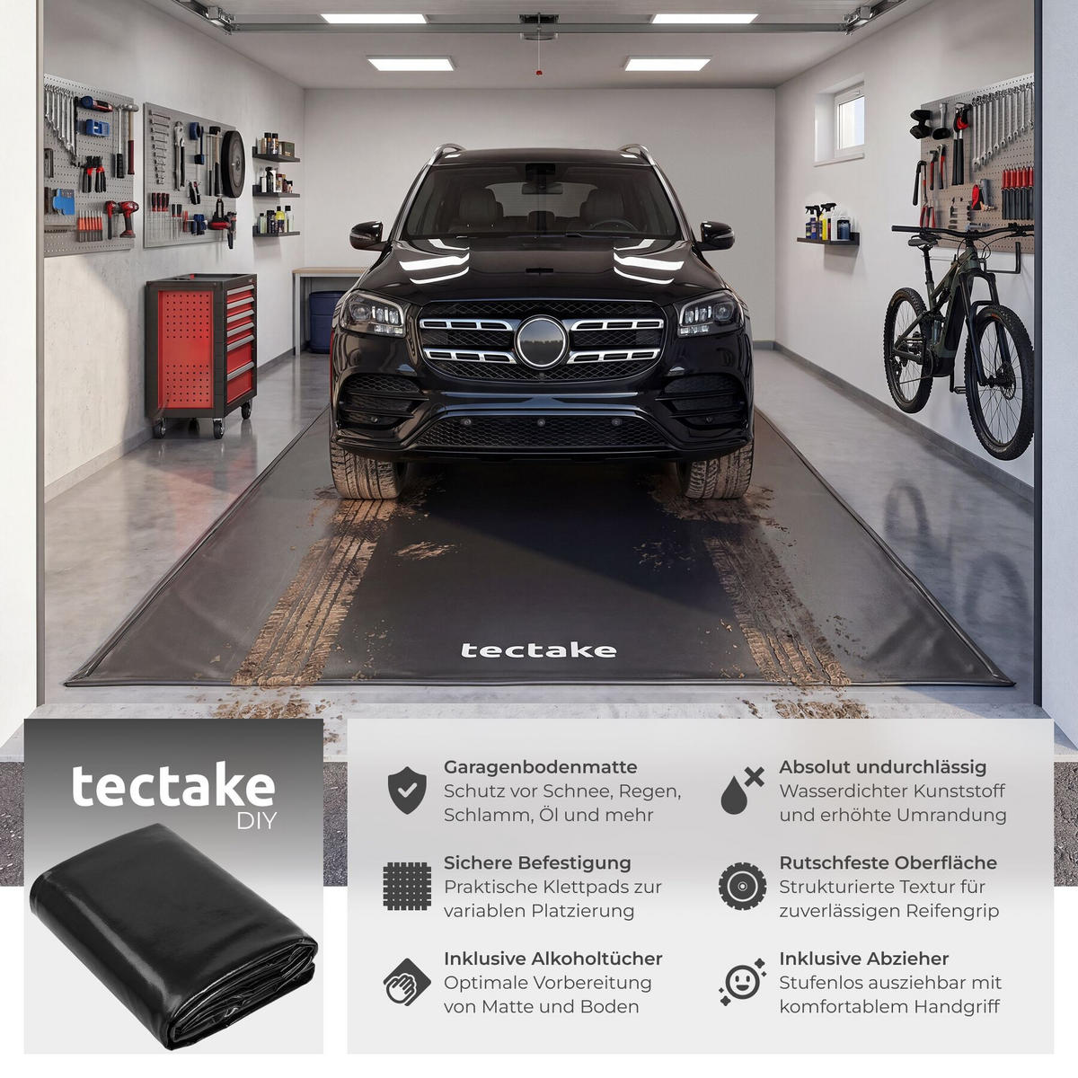 GARAGENBODENMATTE , inklusive ausziehbarem Abzieher, schwarz - Schwarz, Kunststoff (260/610cm) - tectake