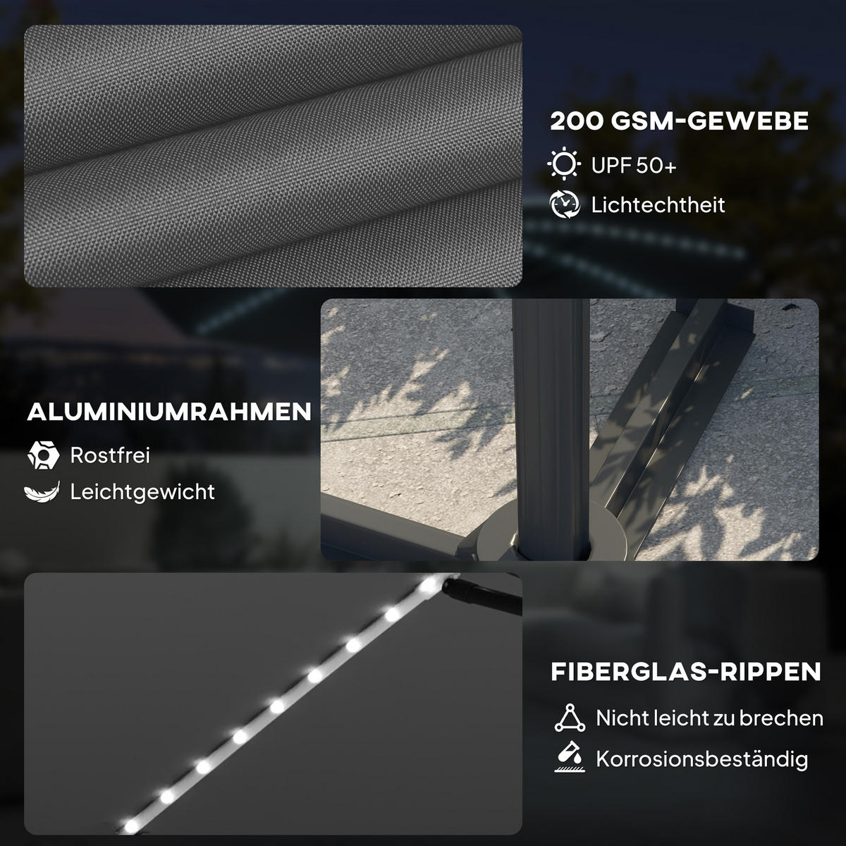 AMPELSCHIRM DE-05688 LED Solar, höhenverstellbar mit Kurbel Dunkelgrau - Dunkelgrau, Textil/Metall (294/360cm) - ComfortXL