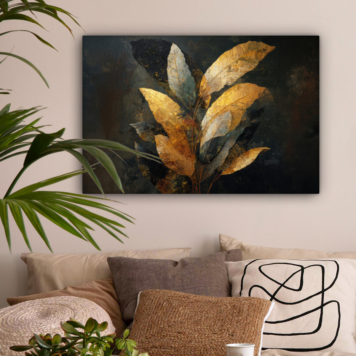 SLIKA NA PLATNU Listje 60x40 cm - zlate barve/črna, tekstil (60/40cm) - MuchoWow