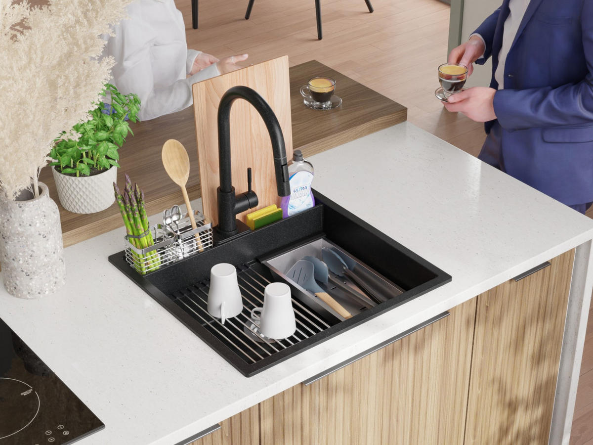 SPÜLBECKEN Bergen Pocket, 2-er set Anthrazit 56/54 cm 1 Becken + Ablauf-Set + Küchenzubehörset ab 60er Unterschrank - Chromfarben/Anthrazit, Kunststoff (56/20/54cm) - Primagran