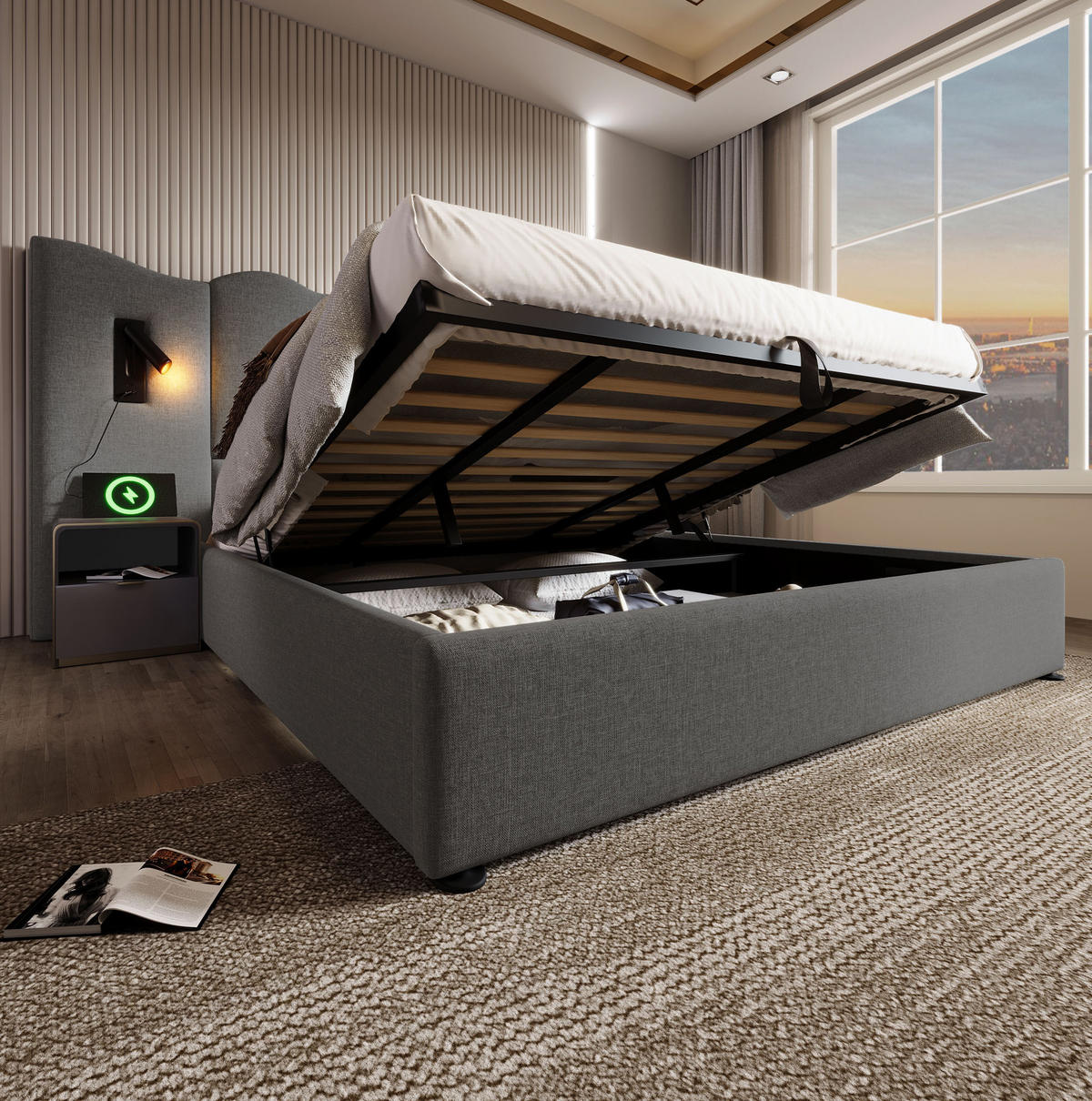 POLSTERBETT 180/200 cm mit Leselampe, USB-C, Stauraum und Wellenkopfteil, Leinen, Grau - Grau, Textil (180/200cm) - Redom