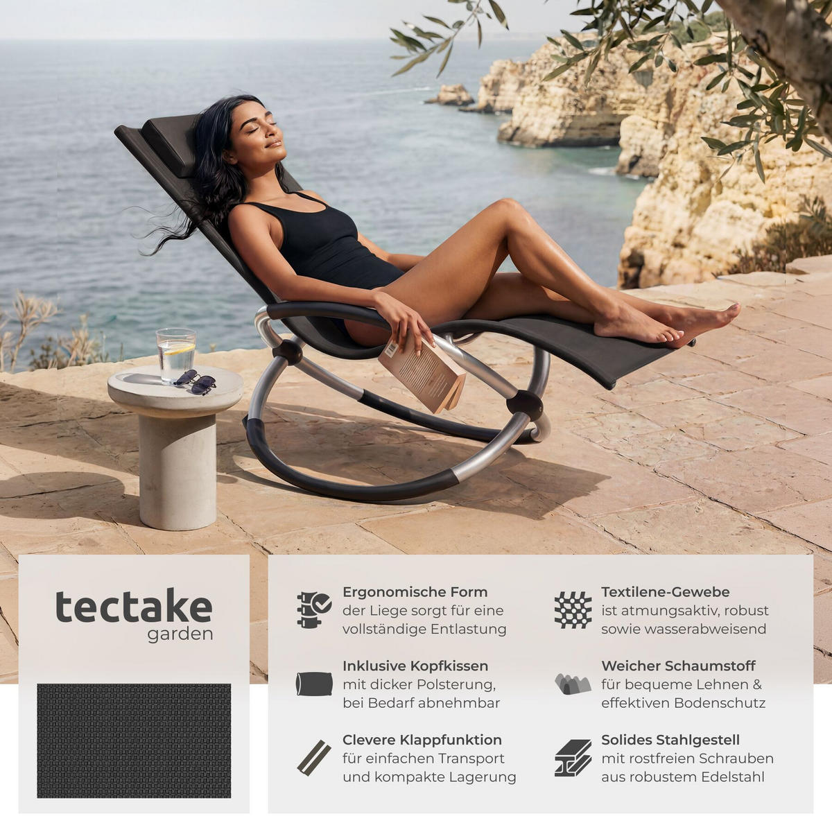 SONNENLIEGE Paulina, 150 x 73 x 93 cm, schwarz - Schwarz, Metall (73/93/150cm) - tectake