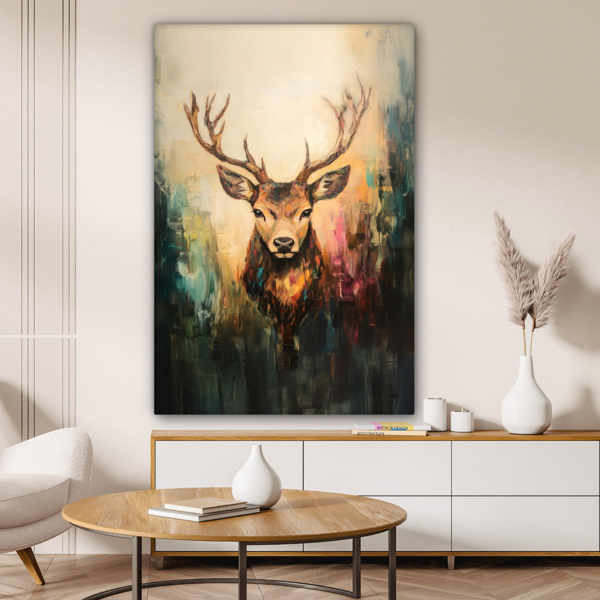 LEINWANDBILD Hirsch - Gemalt - Geweih - Braun Deko XXL 80x120 cm - Haselnussfarben, Textil (80/120cm) - MuchoWow