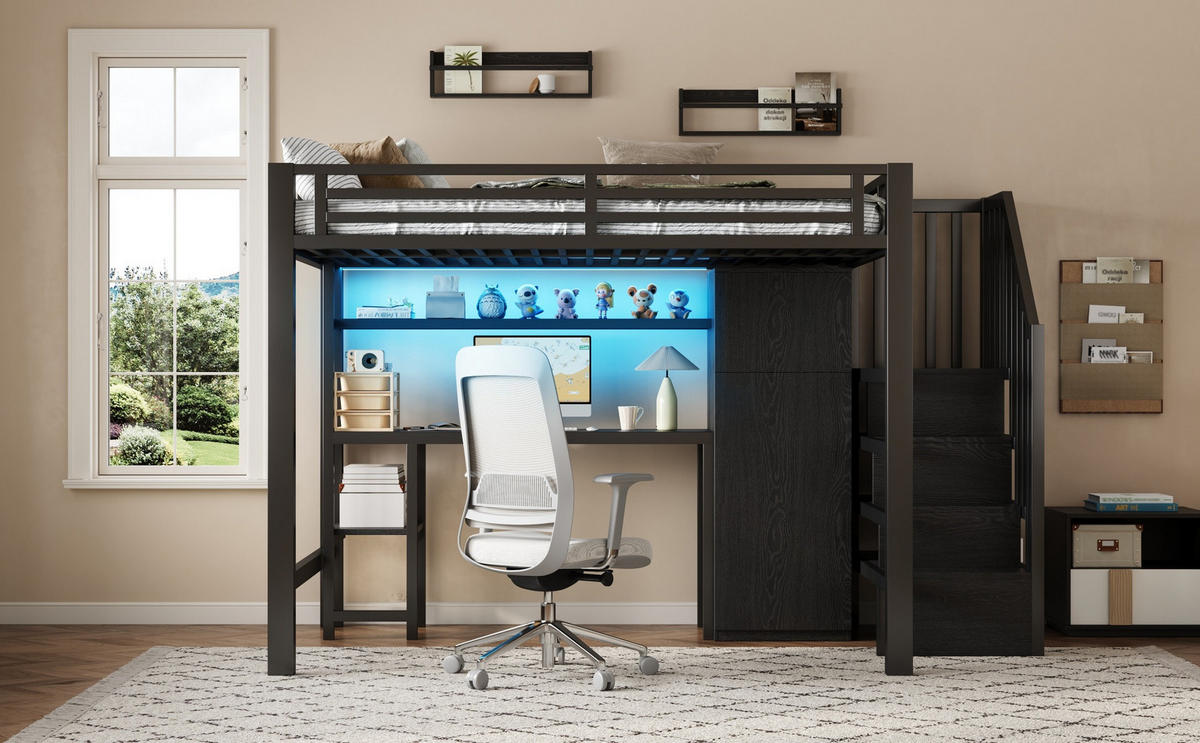 HOCHBETT 140x200 cm aus Metall & MDF mit Schreibtisch, Kleiderschrank und LED, schwarz - Schwarz, Holzwerkstoff (140/200cm)