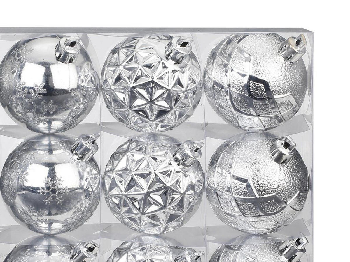 WEIHNACHTSORNAMENTE 12er-Set runde Ornamente silber Mix 6 cm - Silberfarben, Kunststoff (6/6/6cm) - LAALU