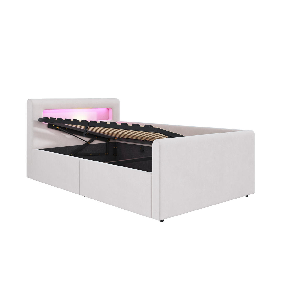 KINDEREINZELBETTEN aus Samtstoff 90x200 cm in Beige mit LED & USB & Stauraum - Beige, Textil (90/200cm) - Modfu
