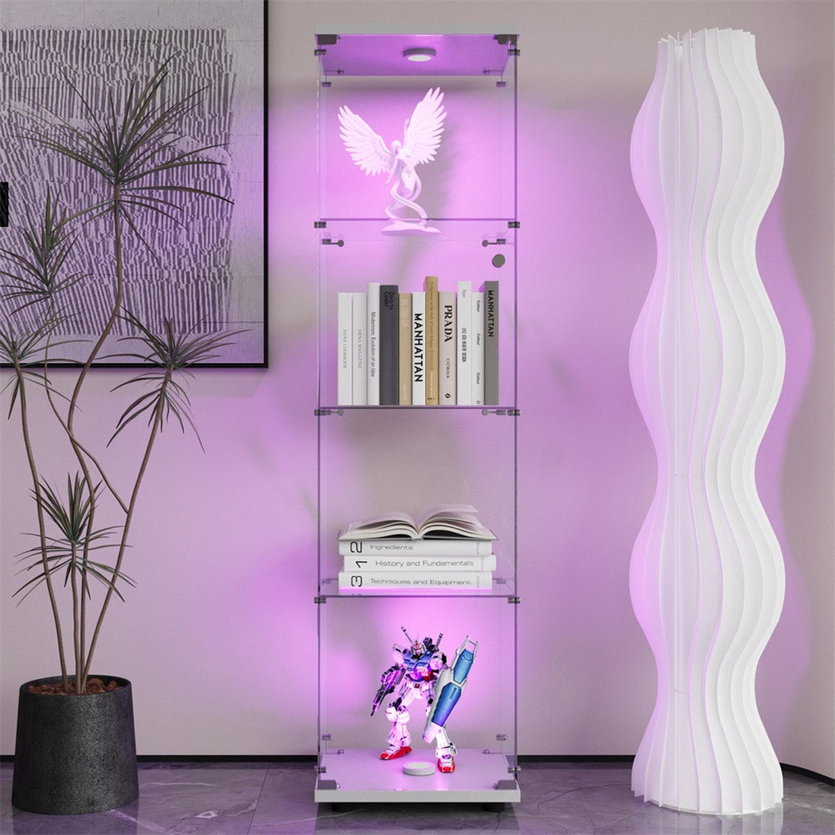 VITRINE mit LED Beleuchtung - Glaskvitrine mit 4 Ebenen und 1 Glastür - für Wohnzimmer und Büro - Weiß - Weiß, Glas (42.5/163.5/36.5cm) - DELFA