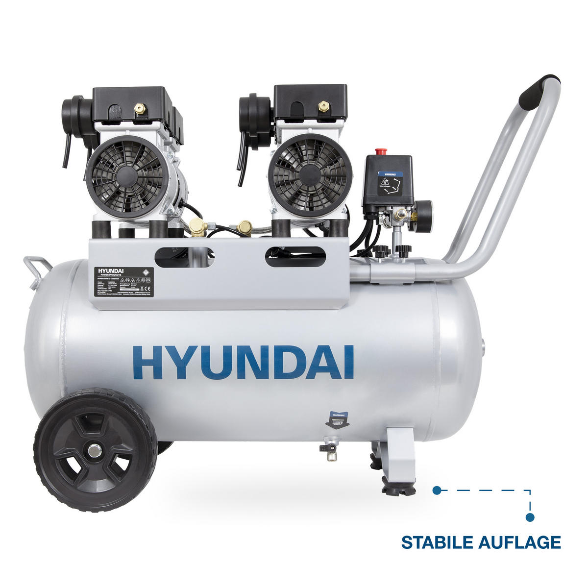SILENT Kompressor SAC22050 (Druckluftkompressor leise, ölfrei, Flüsterkompressor, 67dB, 50L Kessel, 9bar, 2.2kW, 384L/Min) - Silberfarben, Metall (85/42/65cm) - HYUNDAI