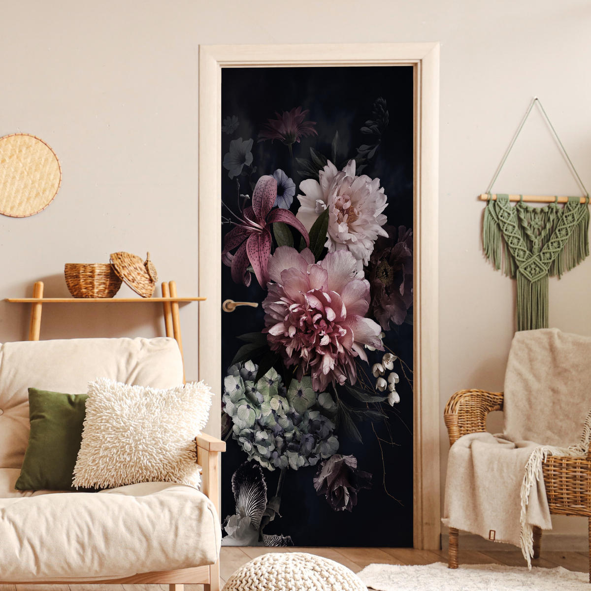 TÜRAUFKLEBER Blumen - Vintage - Pastell - Rosa - Weiß 90x215 cm - Türtapete - Altrosa, Kunststoff (90/0.1cm) - MuchoWow