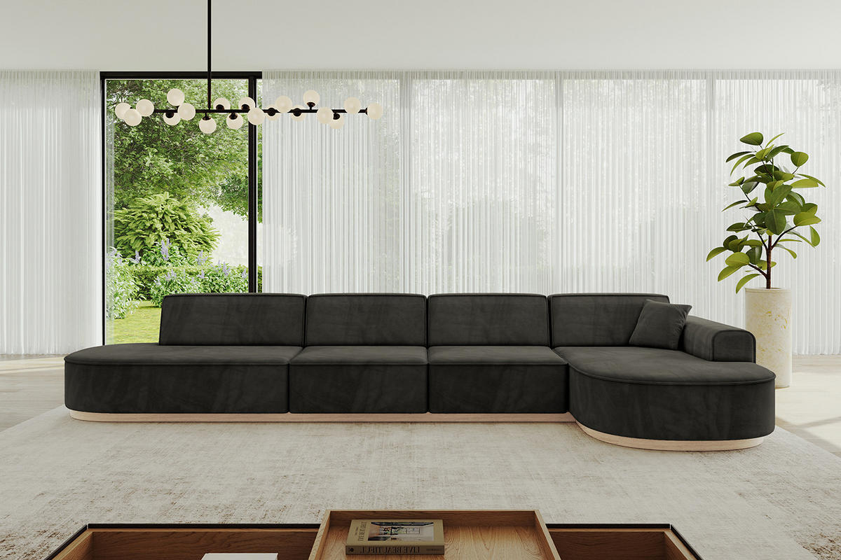 ECKSOFA Ottomane Rechts MARI-L3-v1 - 413x171x83 cm Schwarz Velours - Schwarz, Holzwerkstoff/Textil (171/413cm) - ALTDECOR